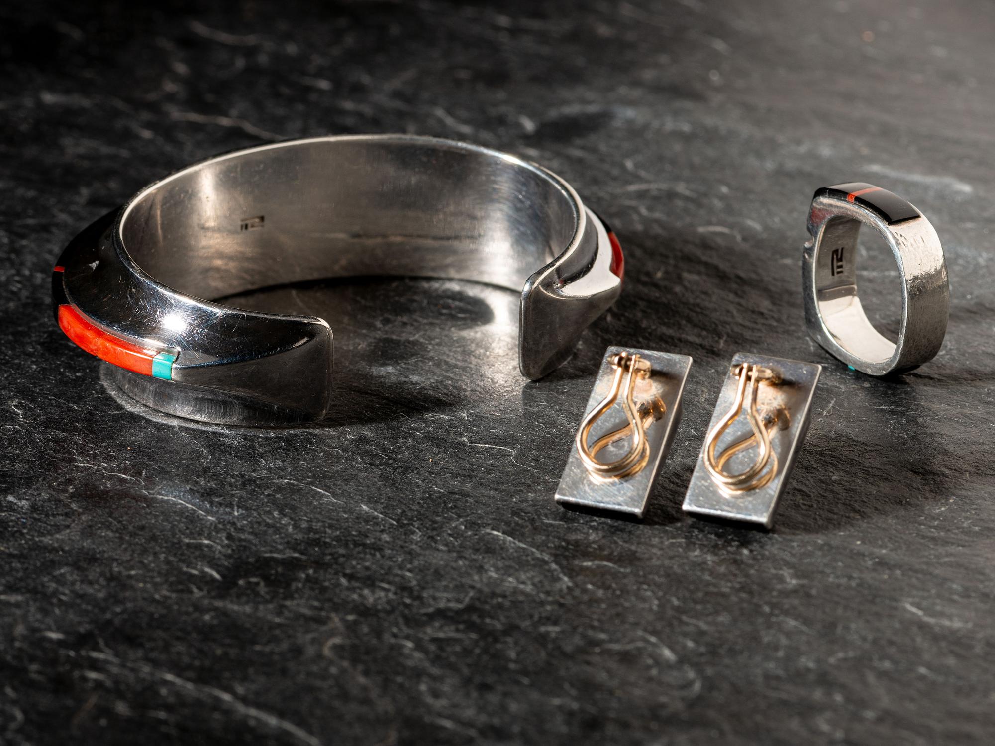 Silver and Mosaic Inlay Cuff Bracelet, Ring, and Earring Suite