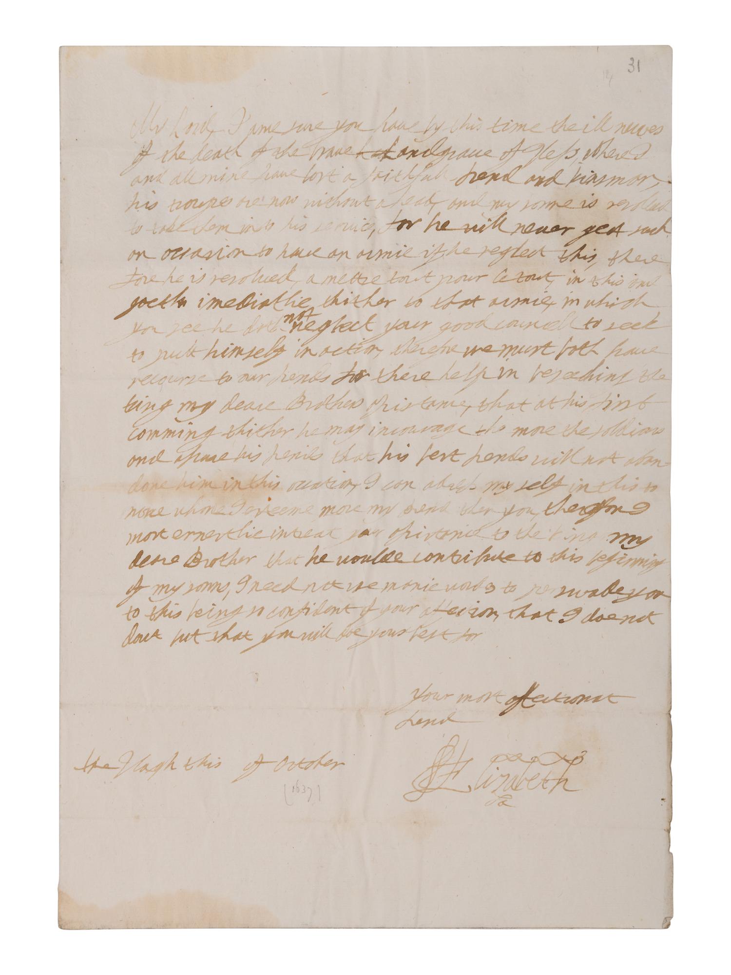 [ENGLISH & CONTINENTAL MANUSCRIPTS]. STUART, Elizabeth (1596-1662). Autograph letter signed (“Elizabeth”), to Henry Rich. The Hague, October [1637].