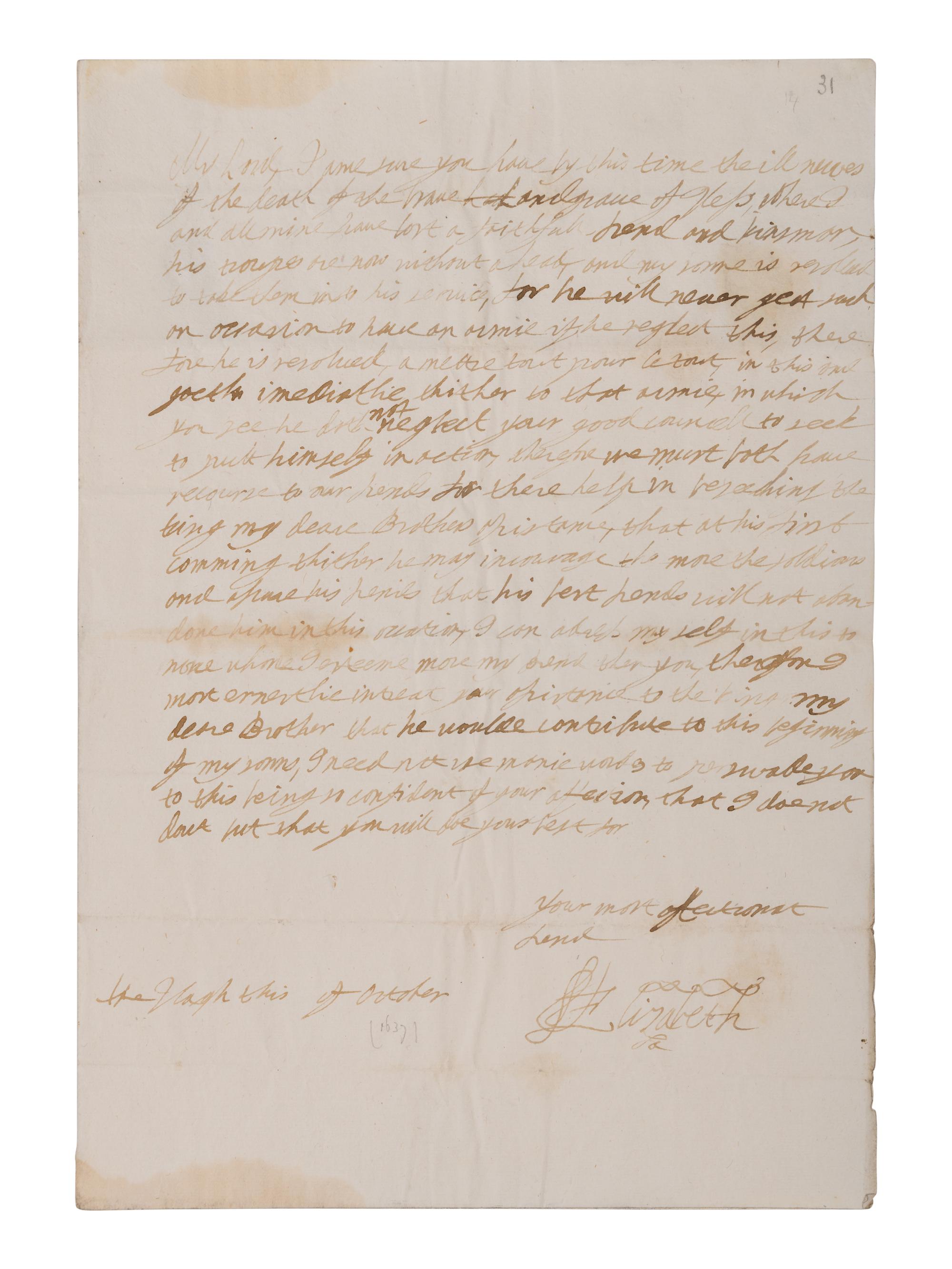 [ENGLISH & CONTINENTAL MANUSCRIPTS]. STUART, Elizabeth (1596-1662). Autograph letter signed (“Elizabeth”), to Henry Rich. The Hague, October [1637].