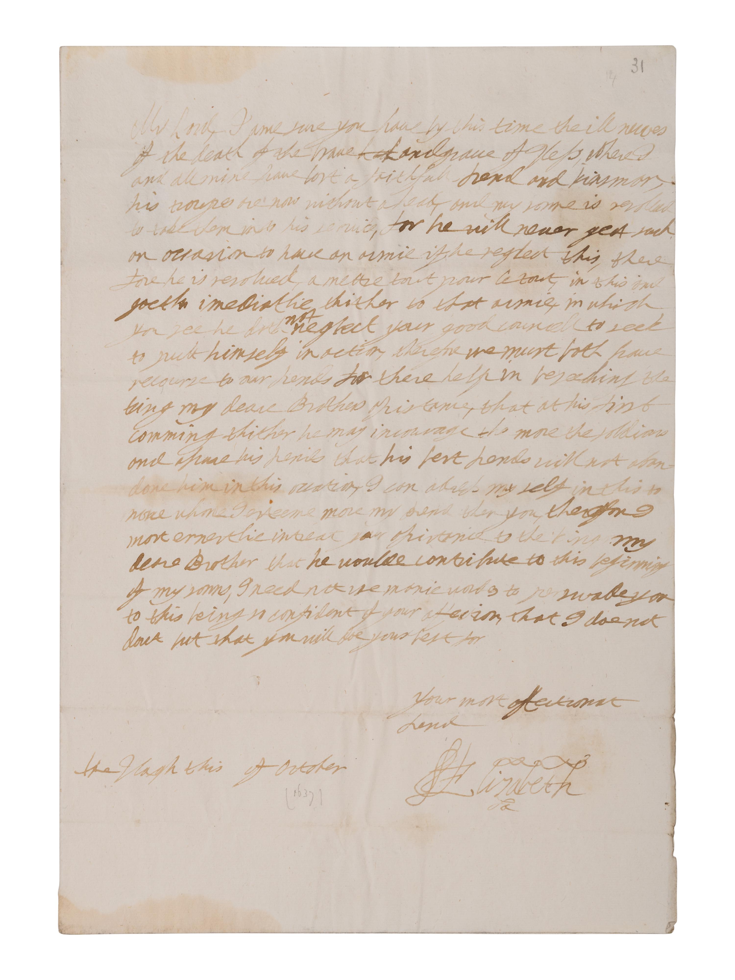 [ENGLISH & CONTINENTAL MANUSCRIPTS]. STUART, Elizabeth (1596-1662). Autograph letter signed (“Elizabeth”), to Henry Rich. The Hague, October [1637].