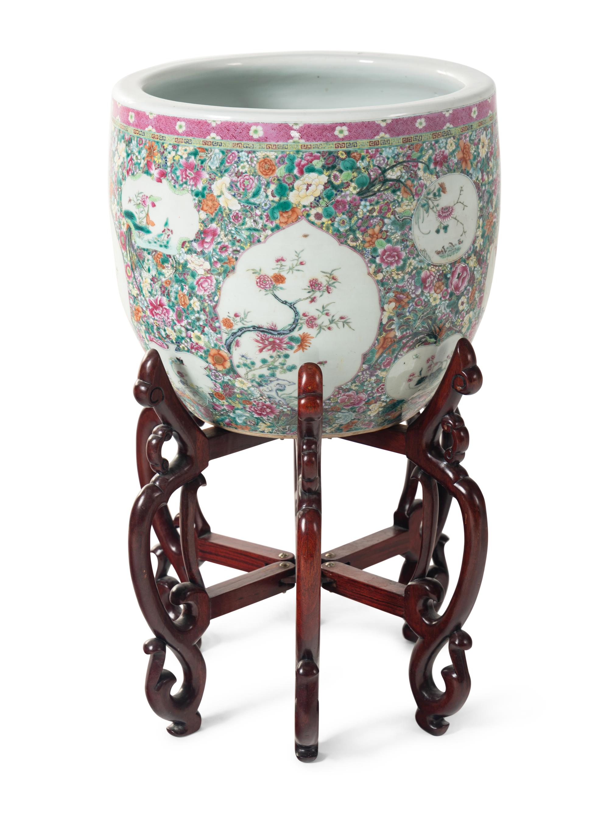 A Large Chinese Famille Rose ‘Millefleur’ Porcelain Fish Bowl