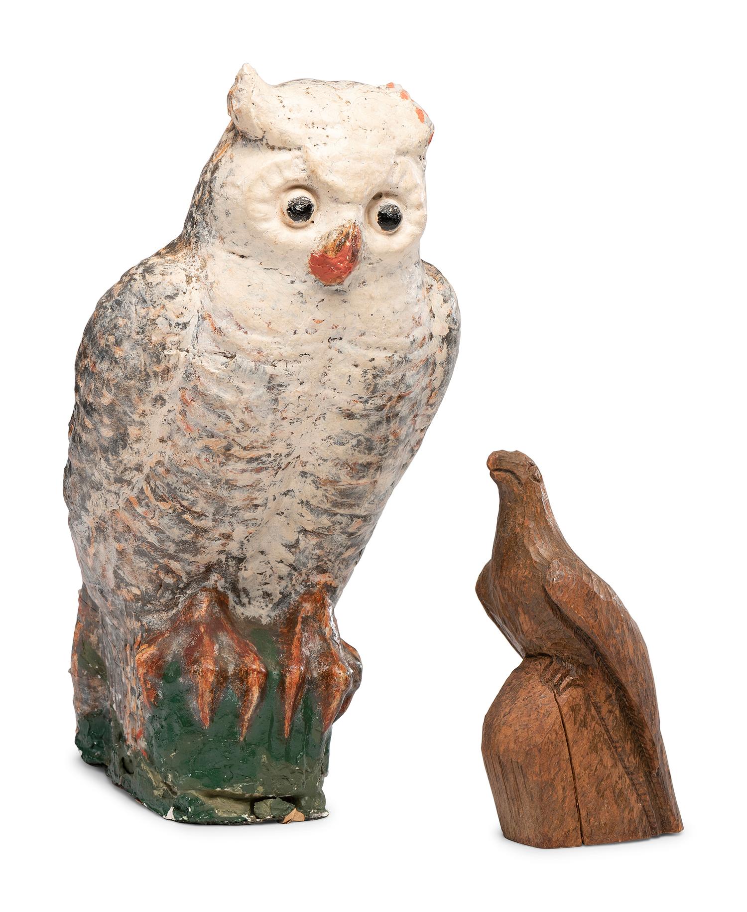 A Carved and Painted Plaster Owl and a Carved Wooden Eagle