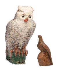 A Carved and Painted Plaster Owl and a Carved Wooden Eagle
