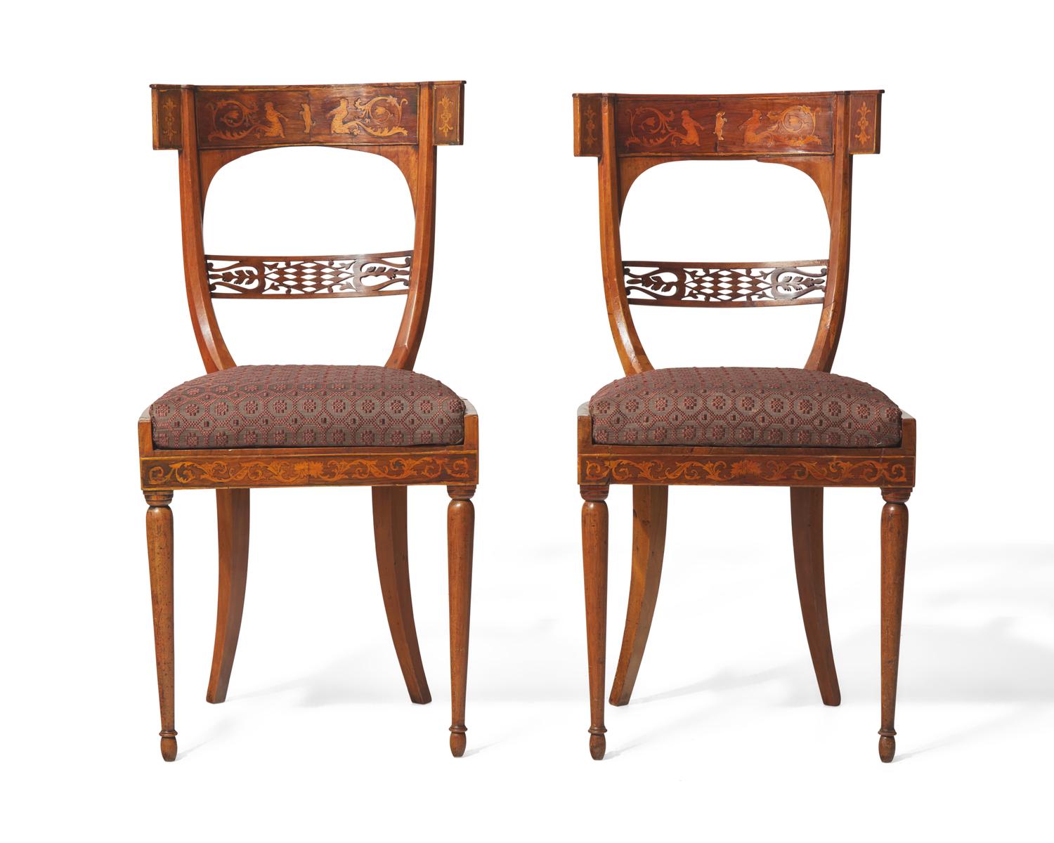A fine pair of Italian Neoclassical marquetry fruitwood side chairs, early 19th century
