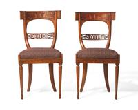 A fine pair of Italian Neoclassical marquetry fruitwood side chairs, early 19th century