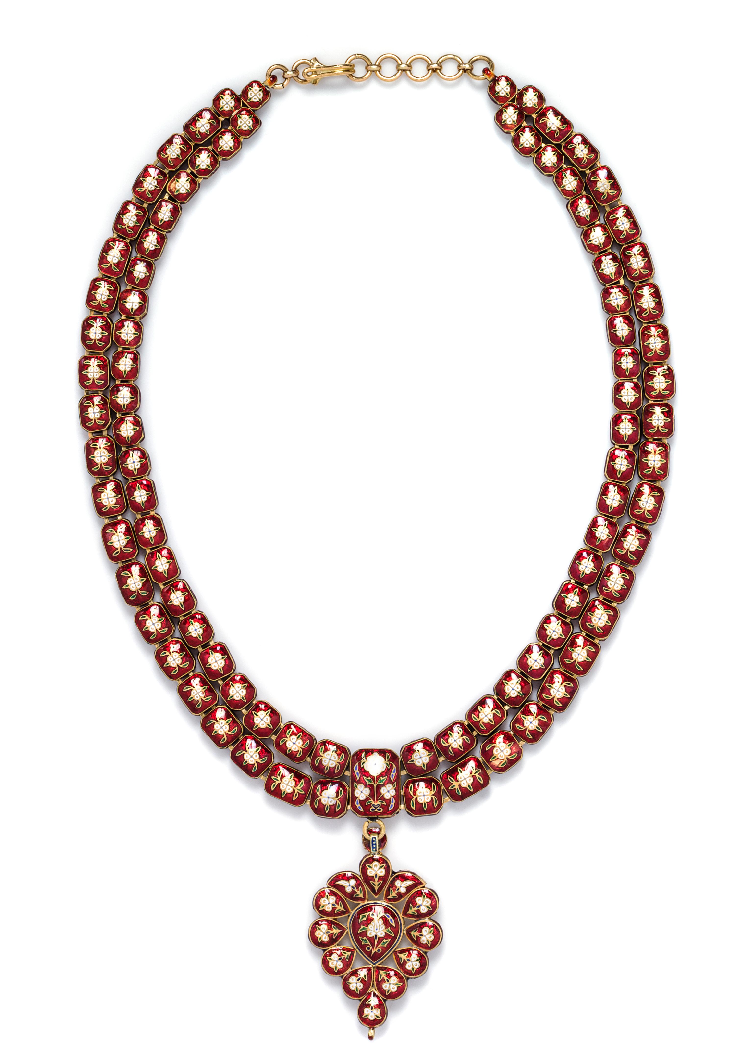 A Yellow Gold, Diamond and Polychrome Enamel Necklace, Rajasthan, Mid 20th Century, 112.40 dwts.