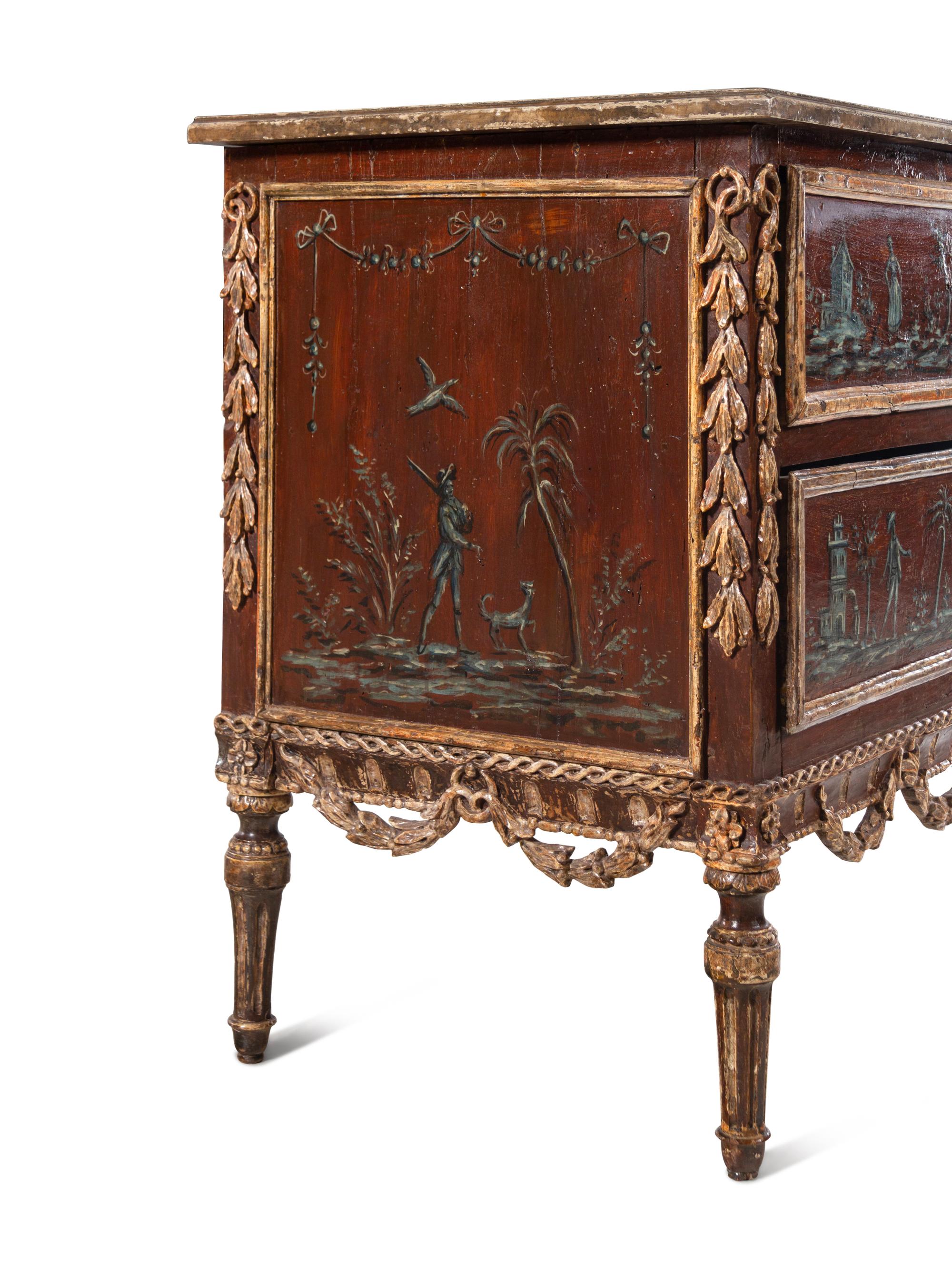 A Piedmontese Painted and Parcel Gilt Commode
