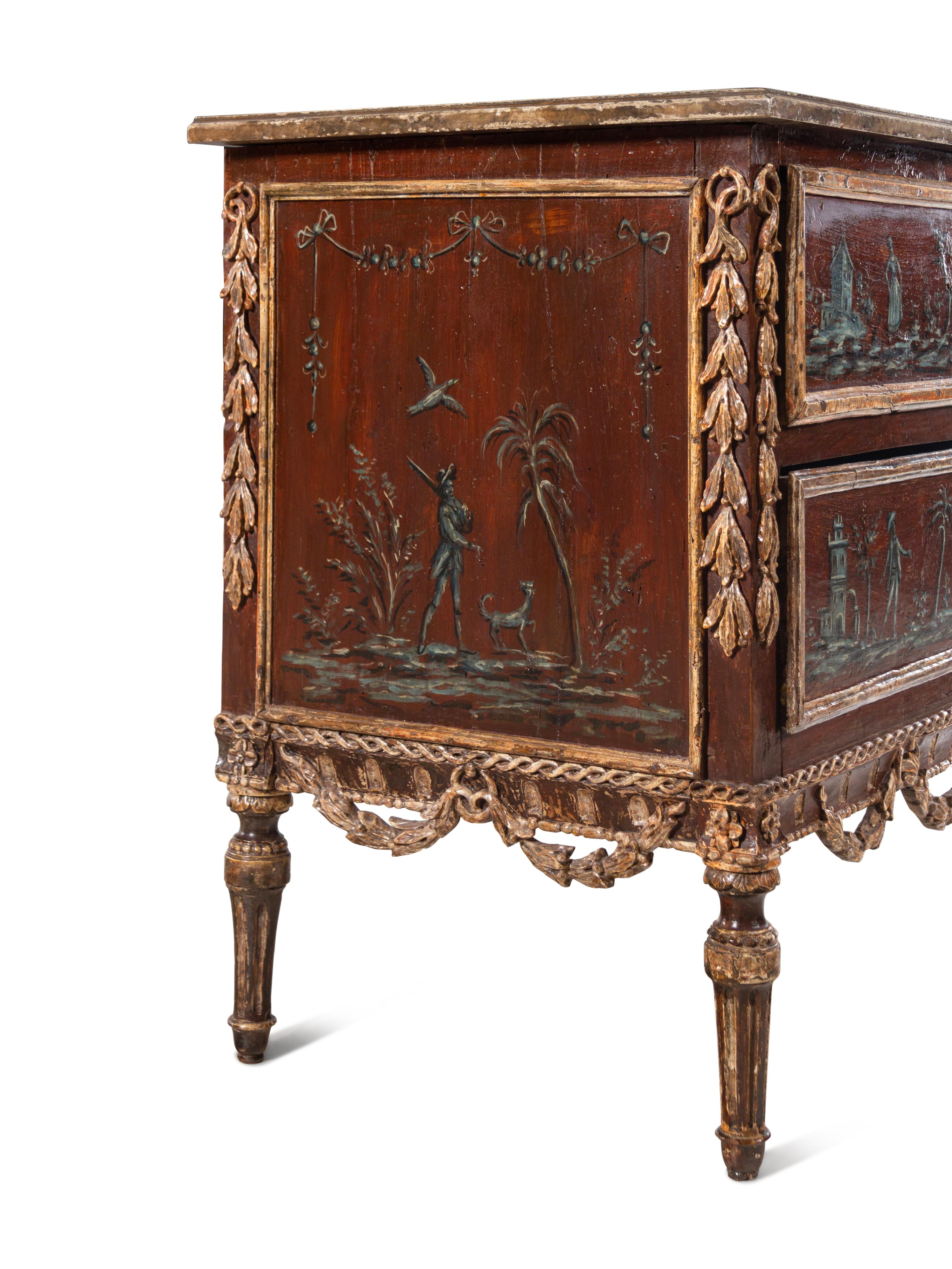 A Piedmontese Painted and Parcel Gilt Commode
