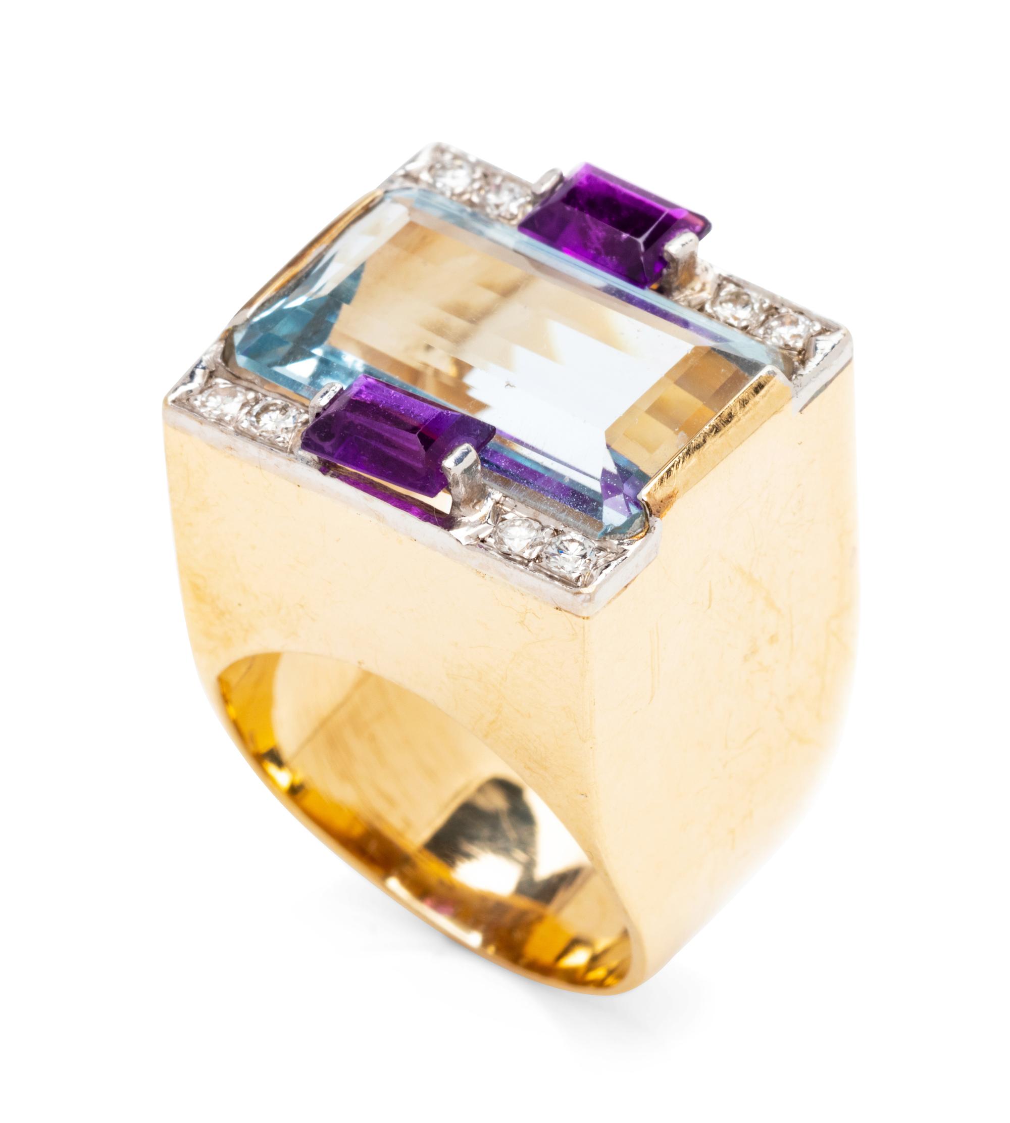 A 14 Karat Bicolor Gold, Multigem and Diamond Ring, M&J Savitt,