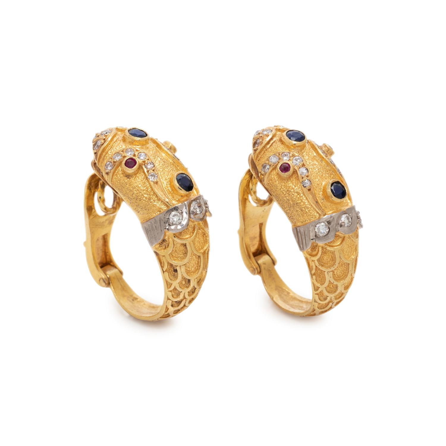 YELLOW GOLD, DIAMOND AND GEMSTONE CHIMERA EARCLIPS