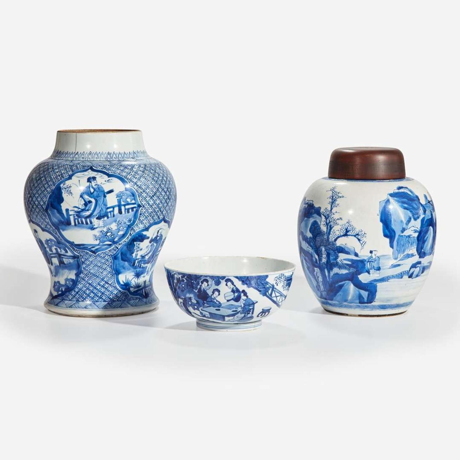 Two Chinese blue and white porcelain jars and one bowl Kangxi period and later
