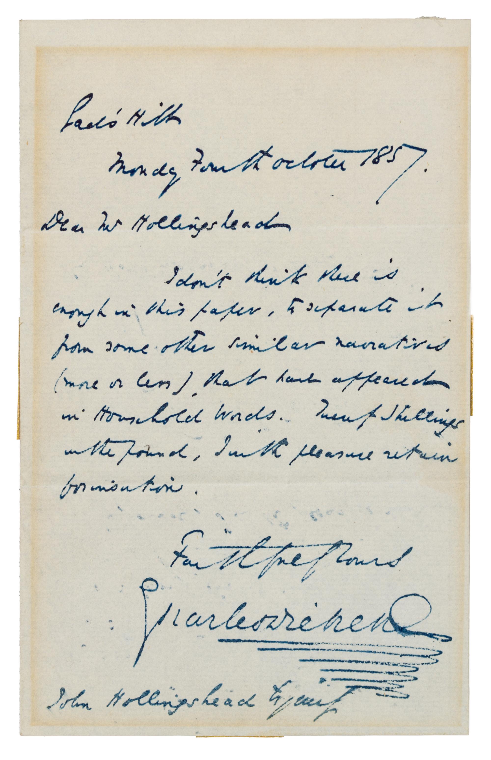 DICKENS, Charles (1812-1870). Autograph letter signed ("Charles Dickens"), to John Hollingshead. Gad's Hill, 4 October 1857.