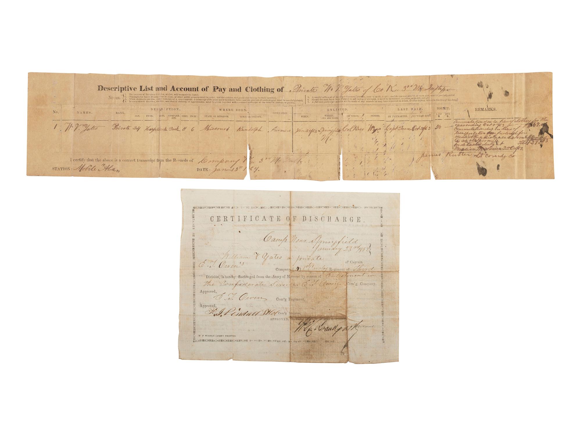 [CIVIL WAR]. A group of 4 items identified to CSA Private William V. Yates, 3rd Missouri Infantry, incl. war-date documents and tintype.