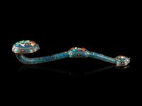 A Chinese Hardstone Inset Cloisonné Enamel Ruyi Scepter