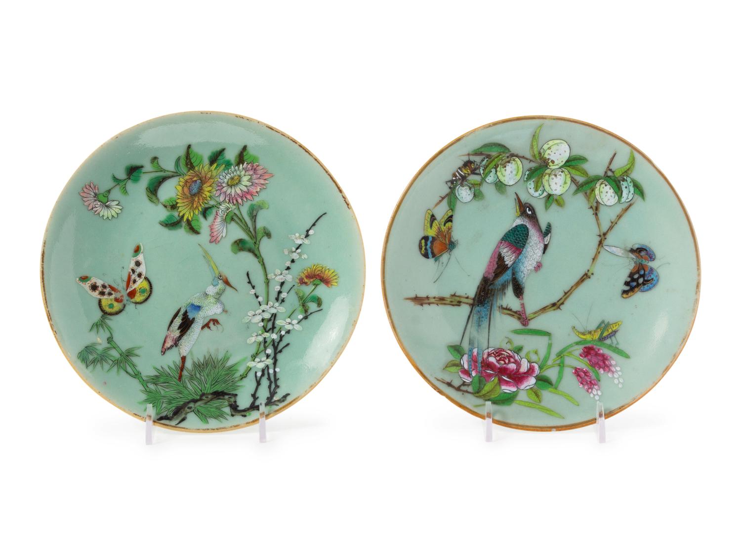 A Pair of Chinese Celadon Ground Famille Rose Porcelain Plates