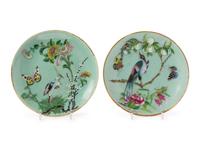 A Pair of Chinese Celadon Ground Famille Rose Porcelain Plates