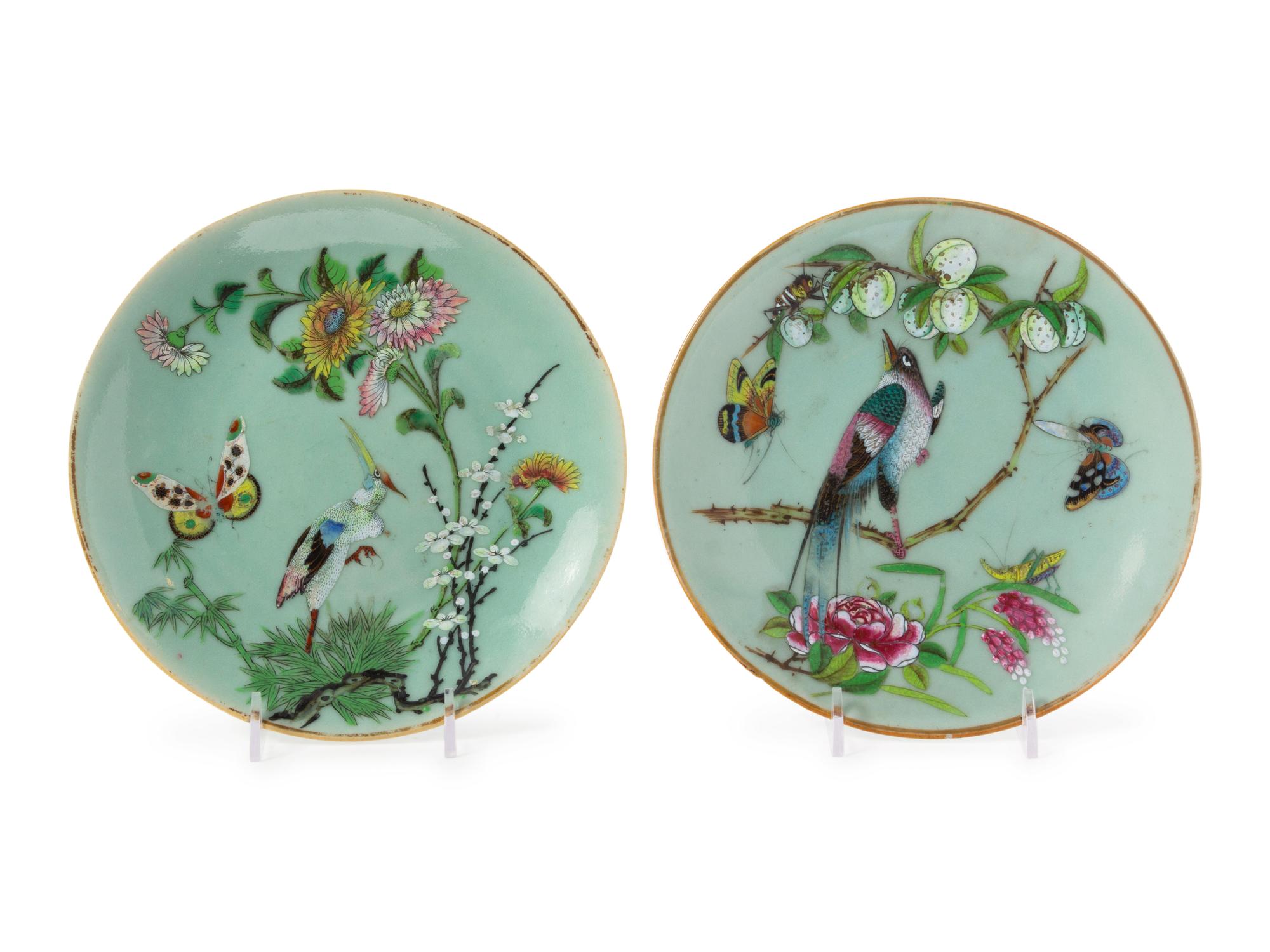 A Pair of Chinese Celadon Ground Famille Rose Porcelain Plates