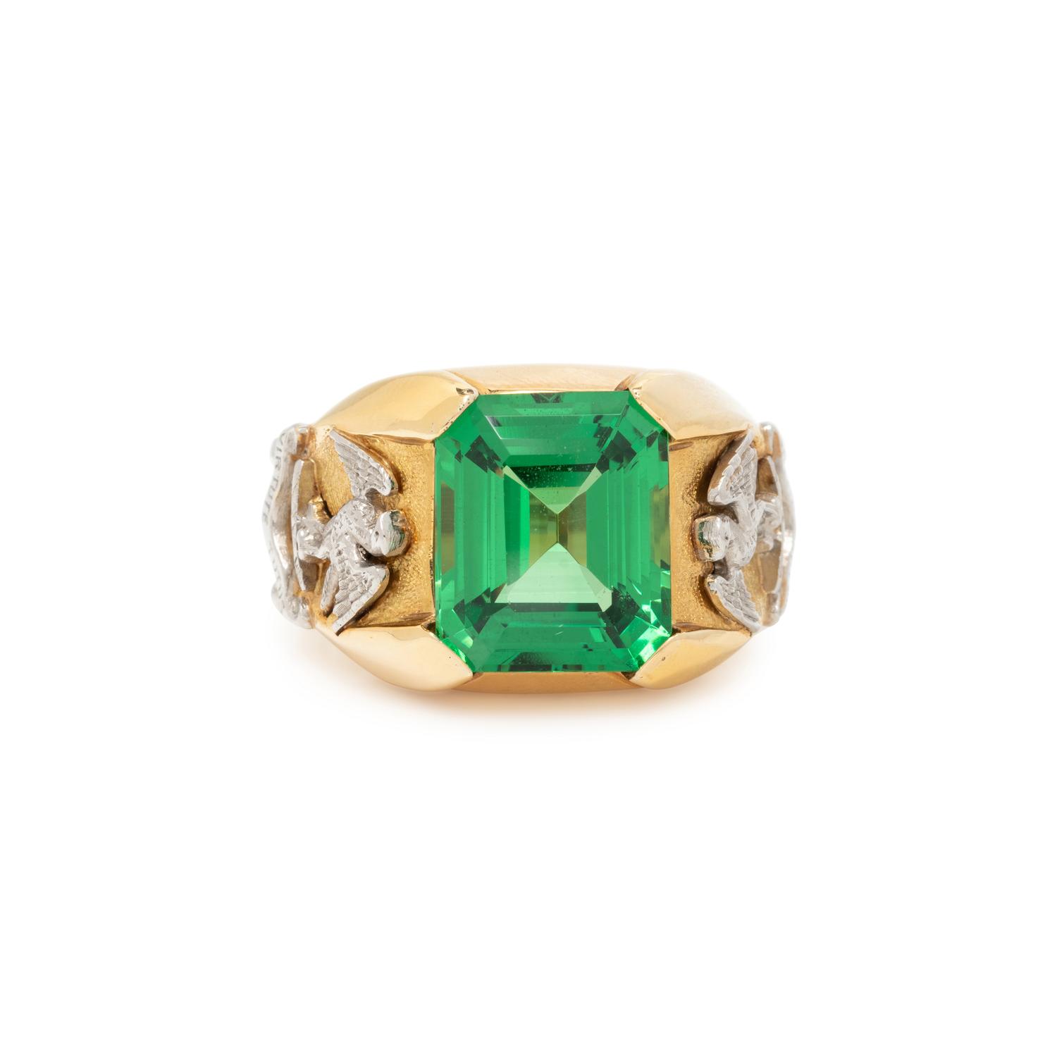 JULIUS COHEN, BICOLOR GOLD AND TSAVORITE GARNET RING