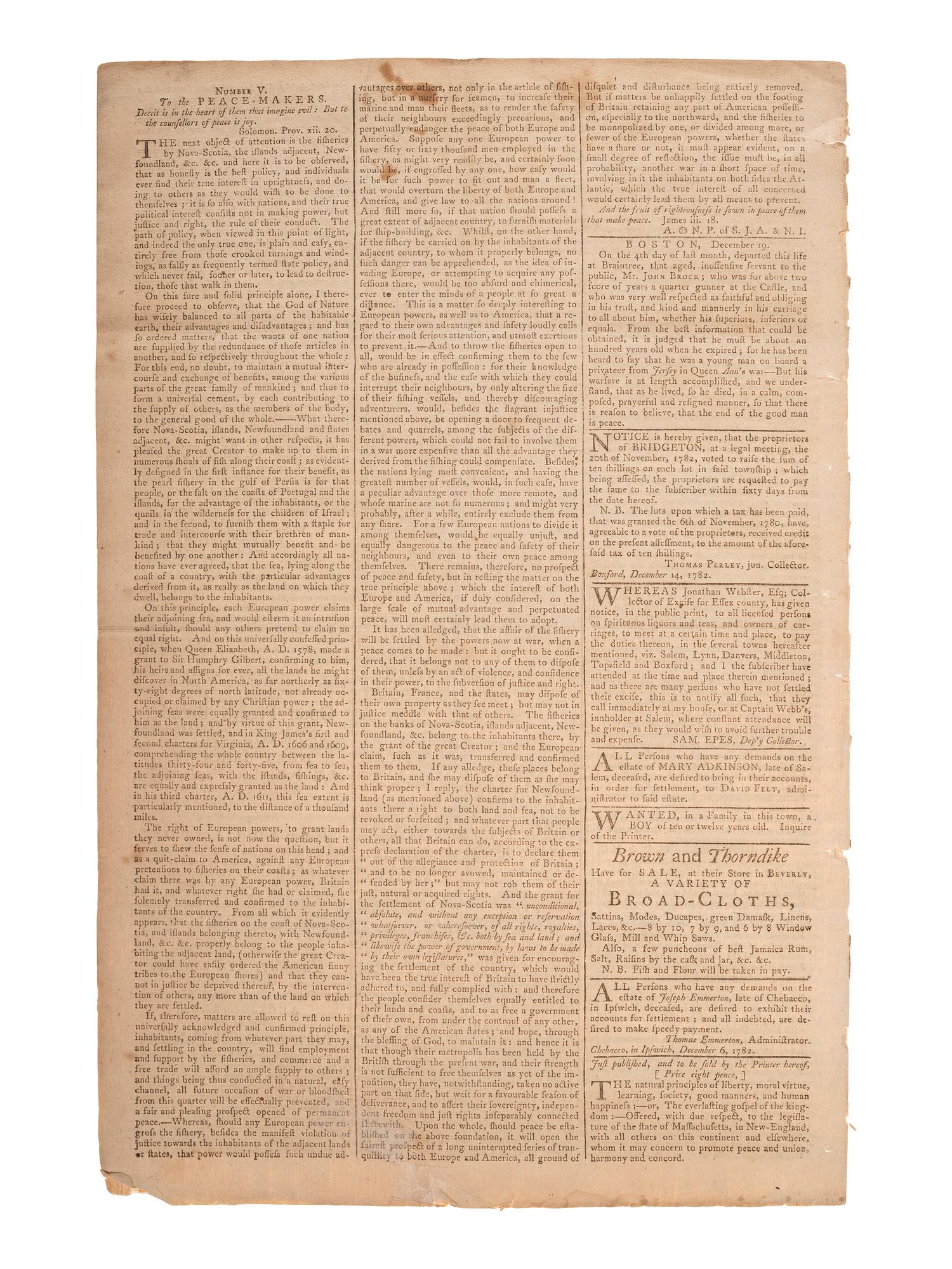 [REVOLUTIONARY WAR]. The Salem Gazette . Vol. II, No. 63. Salem, MA: Samuel Hall, 26 December 1782.
