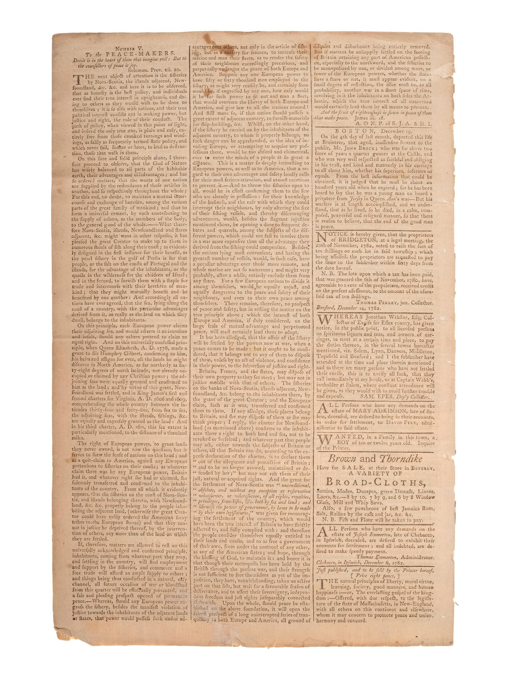 [REVOLUTIONARY WAR]. The Salem Gazette . Vol. II, No. 63. Salem, MA: Samuel Hall, 26 December 1782.