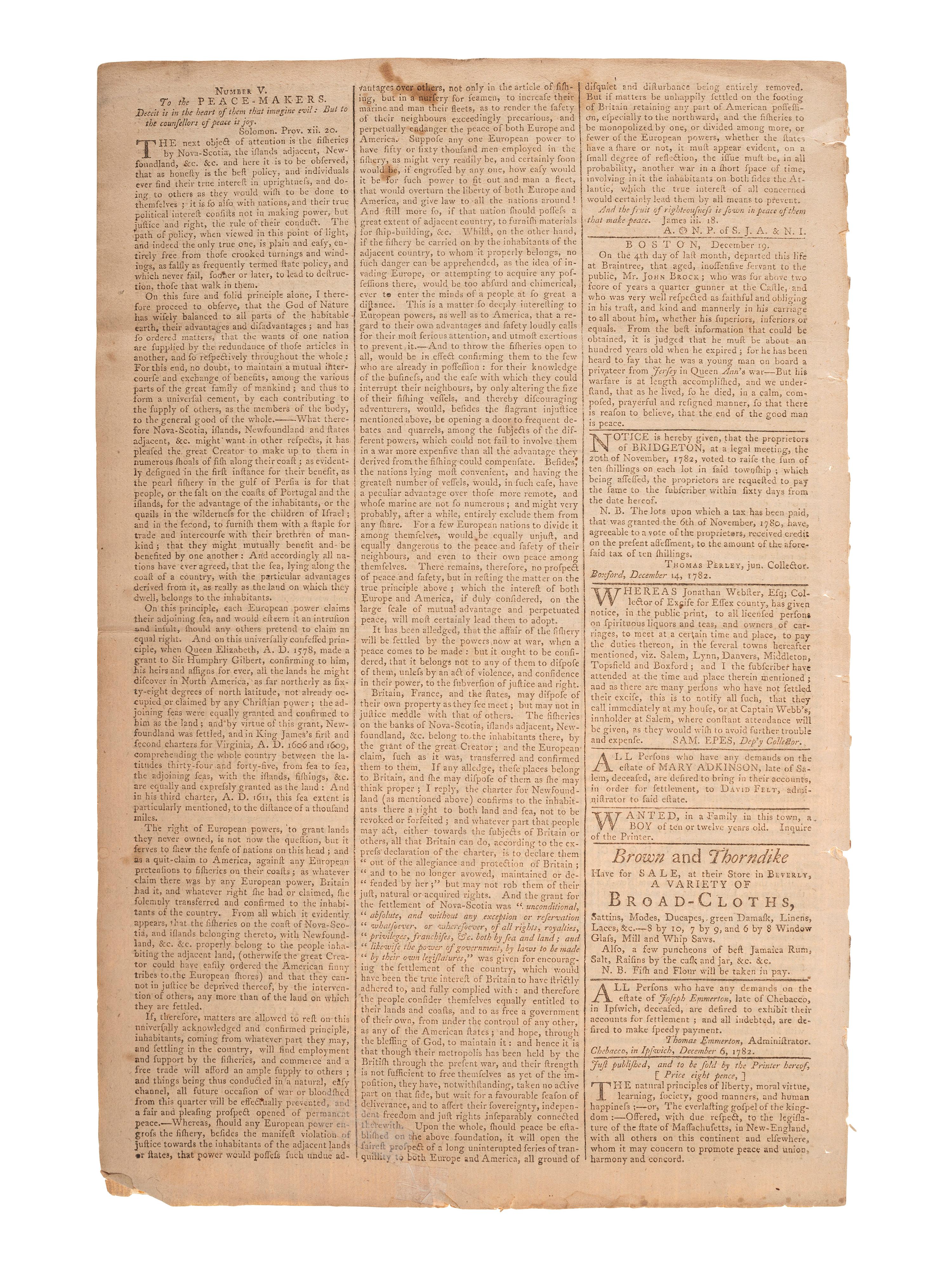 [REVOLUTIONARY WAR]. The Salem Gazette . Vol. II, No. 63. Salem, MA: Samuel Hall, 26 December 1782.