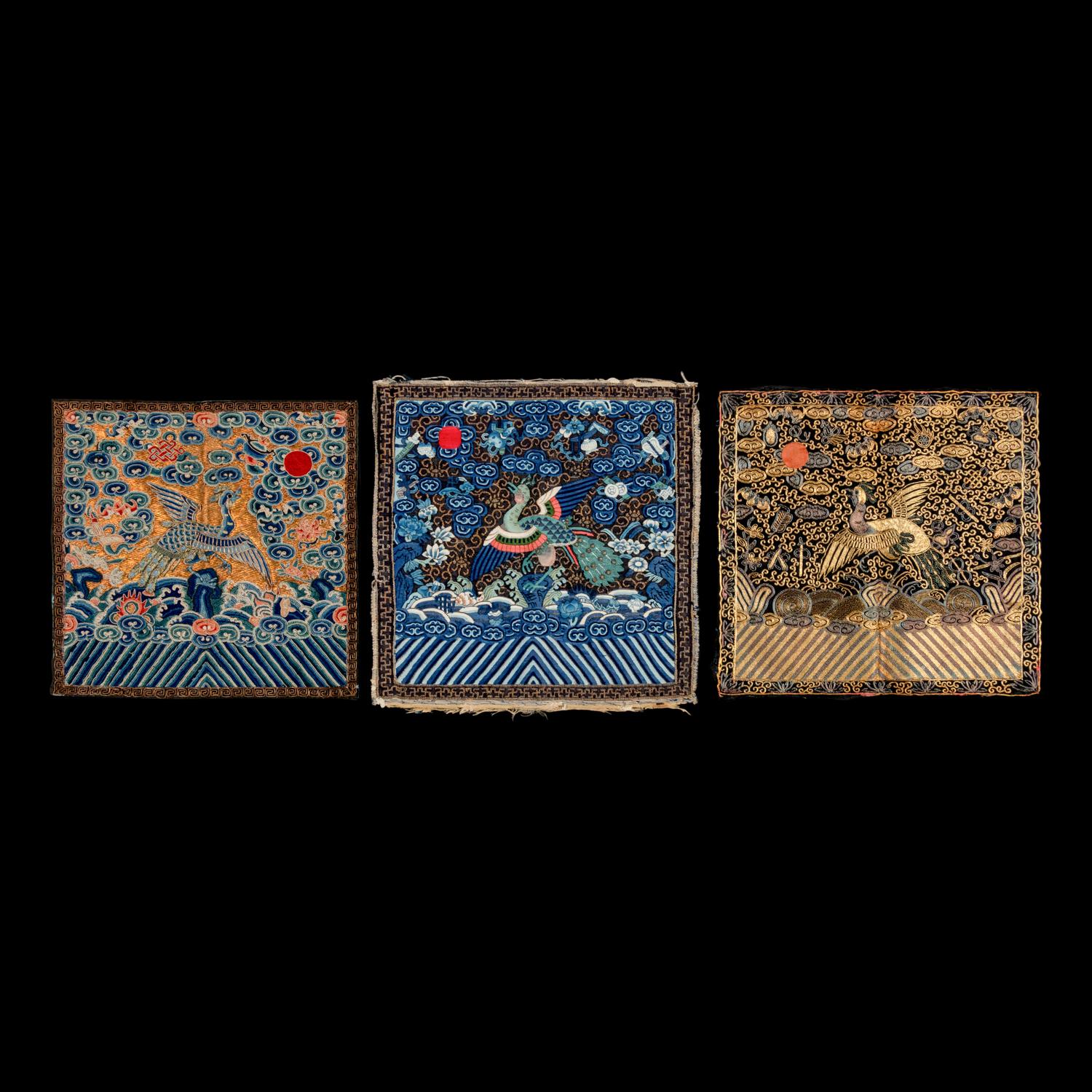 Three Chinese Silk 'Peacock' Rank Badges, 19th Century 清中晚期 緙絲、刺綉三品文官孔雀補子三幅