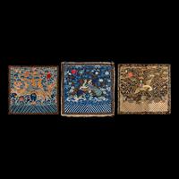Three Chinese Silk 'Peacock' Rank Badges, 19th Century 清中晚期 緙絲、刺綉三品文官孔雀補子三幅