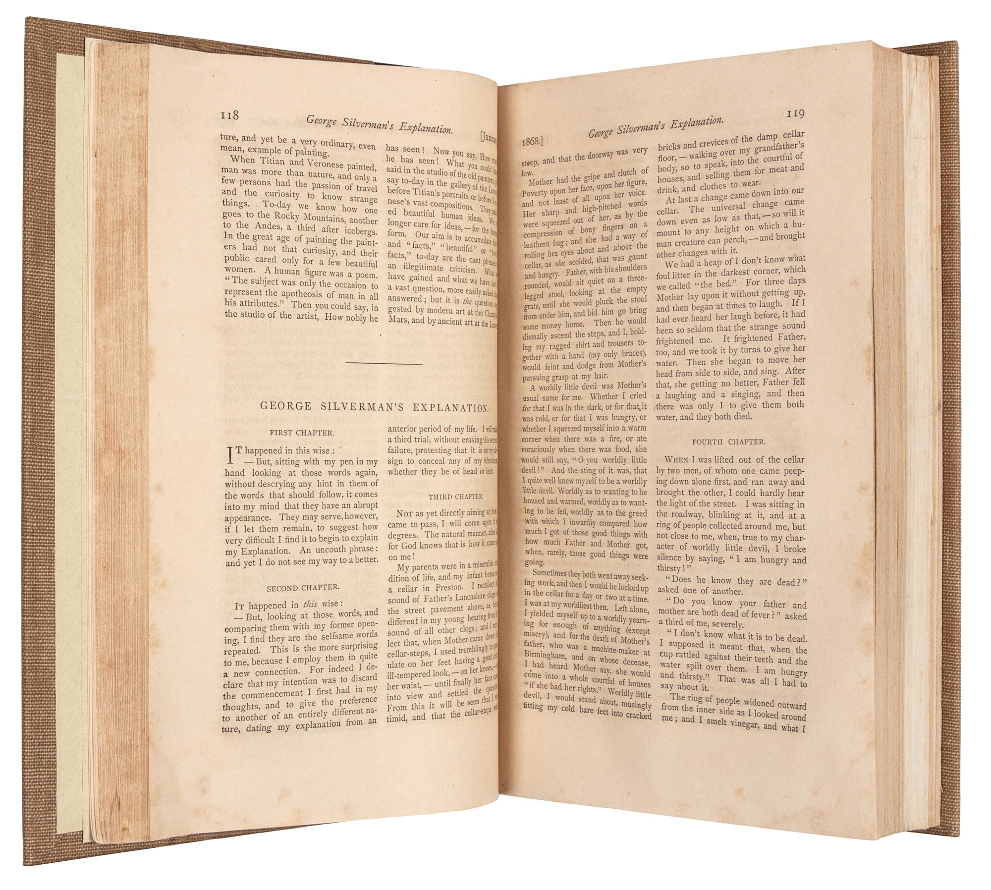 DICKENS, Charles (1812-1870). "George Silverman's Explanation." [In:] The Atlantic Monthly. Volume 21, numbers 123-125. Boston: Ticknor and Fields, January - June, 1868.