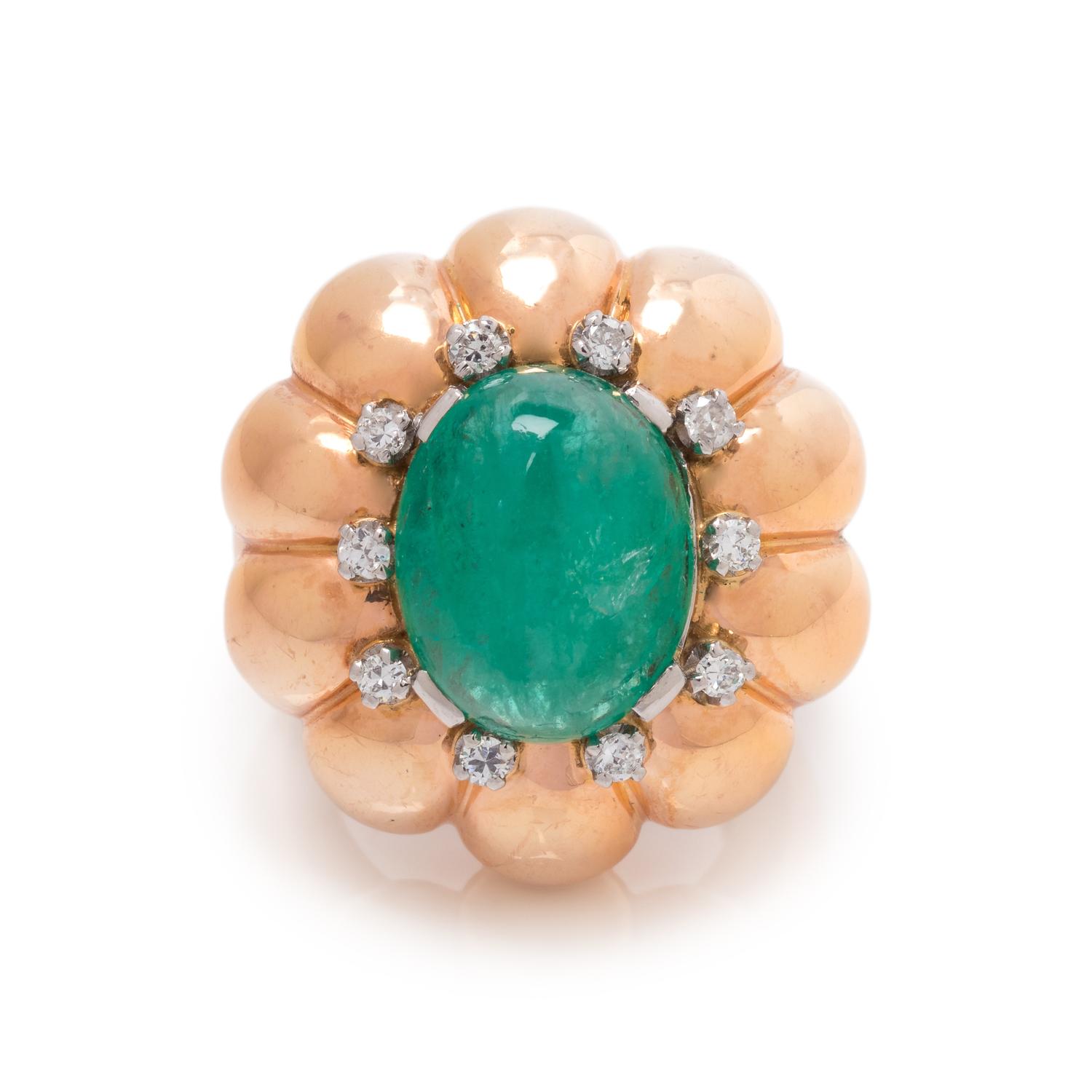ROSE GOLD, EMERALD AND DIAMOND RING