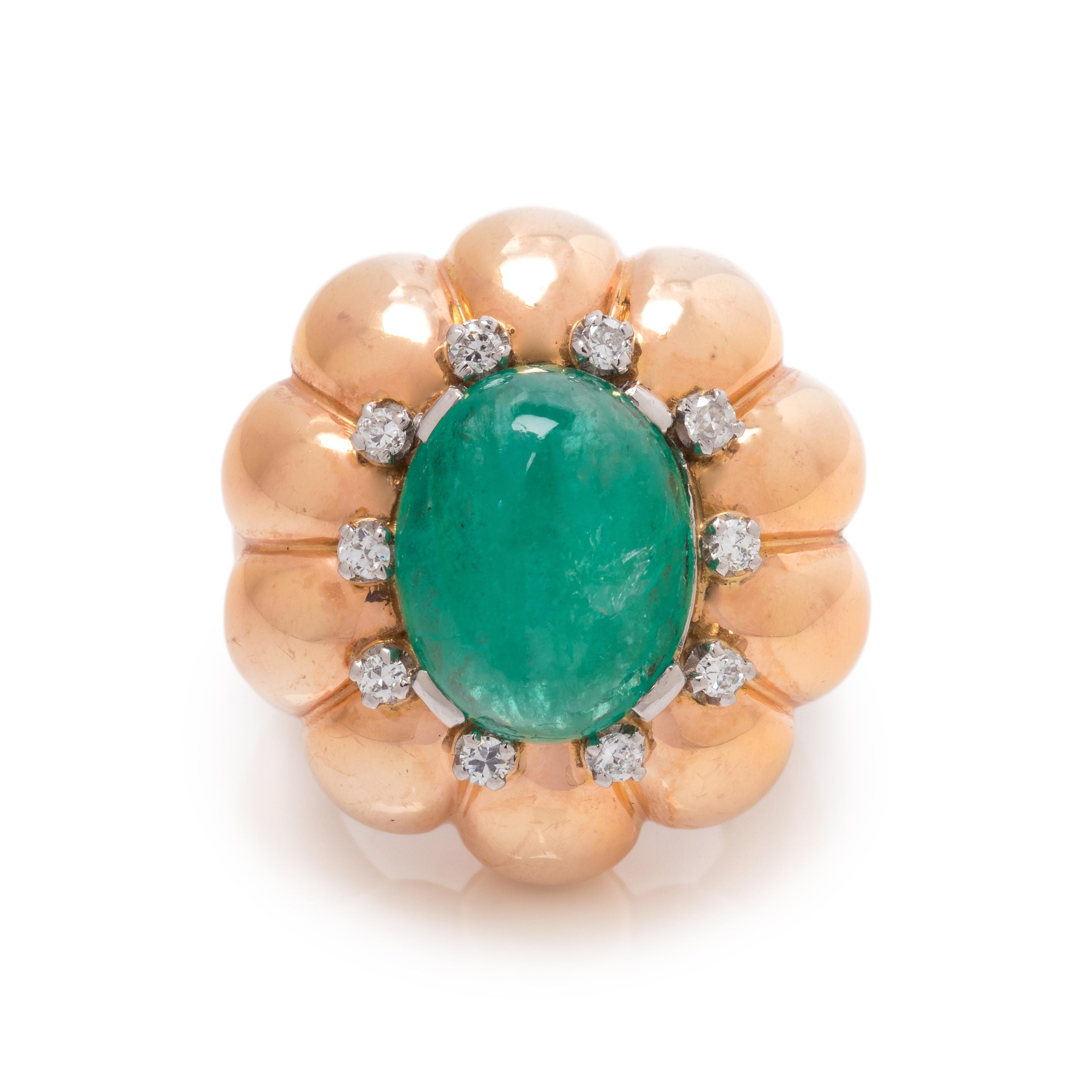 ROSE GOLD, EMERALD AND DIAMOND RING