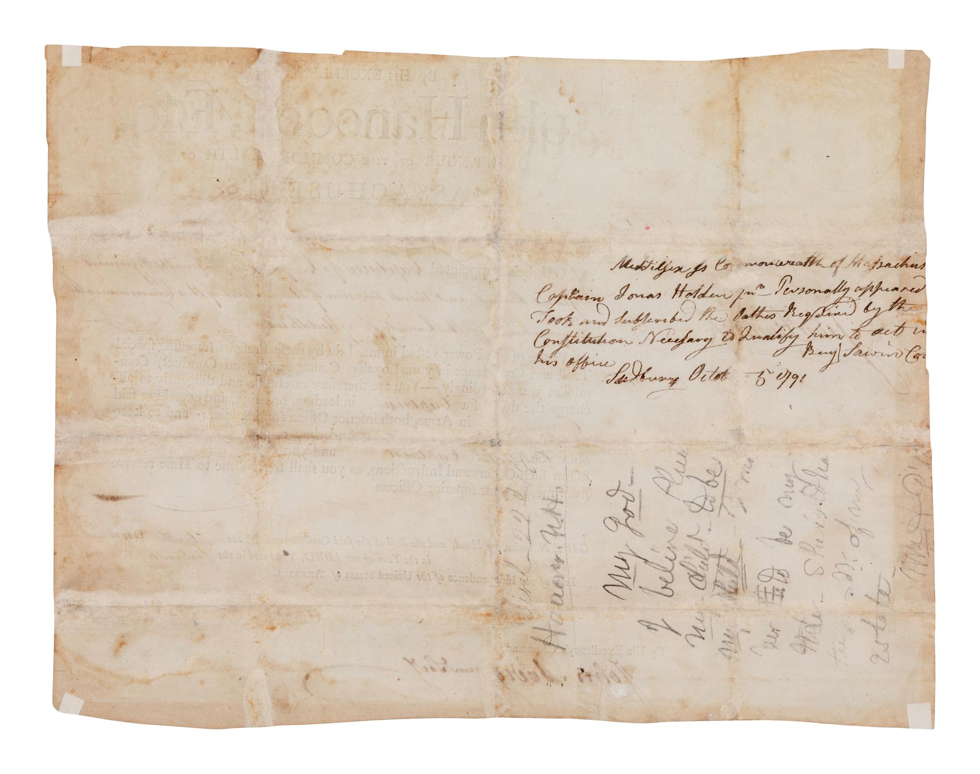 HANCOCK, John (1737-1793). Document signed ("John Hancock"), partially printed and accomplished in manuscript, as Governor of Massachusetts, counter-signed by John Avery Jr. as Secretary, docketed on verso by Benjamin Lawin,19 September 1791.
