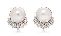 A Pair of Platinum, Cultured Mabe Pearl and Diamond Earclips, 16.65 dwts.