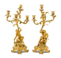 A Pair of Louis XV Style Gilt Bronze Four-Light Figural Candelabra Height 24 1/4 inches. — 19TH CENTURY