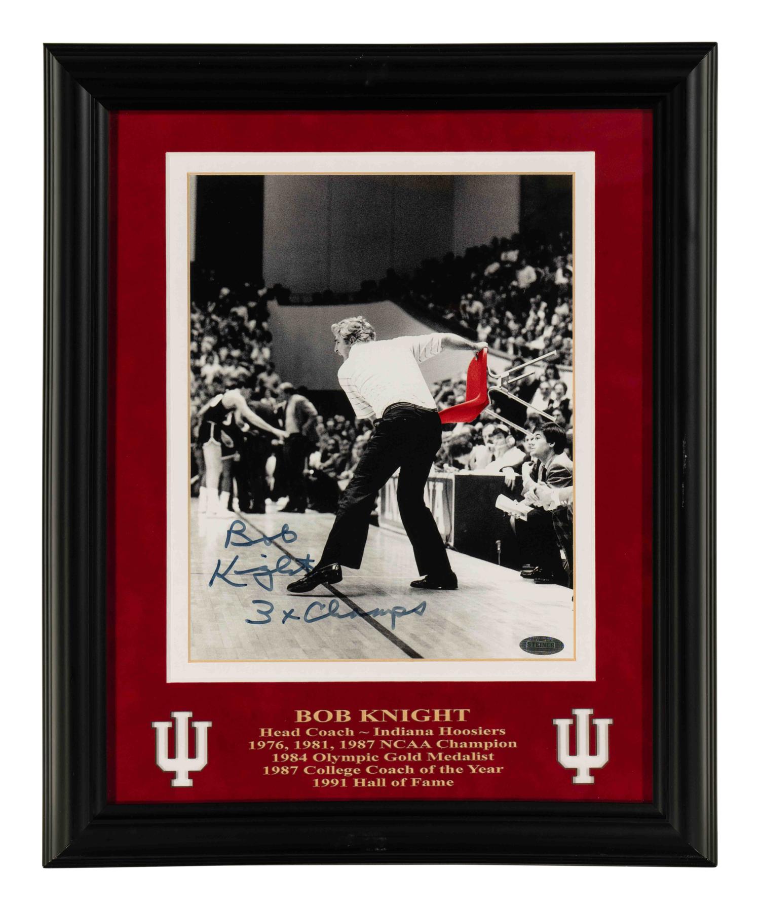 A Bobby Knight Signed Autograph Chair Throwing Photograph Display (Steiner Hologram)