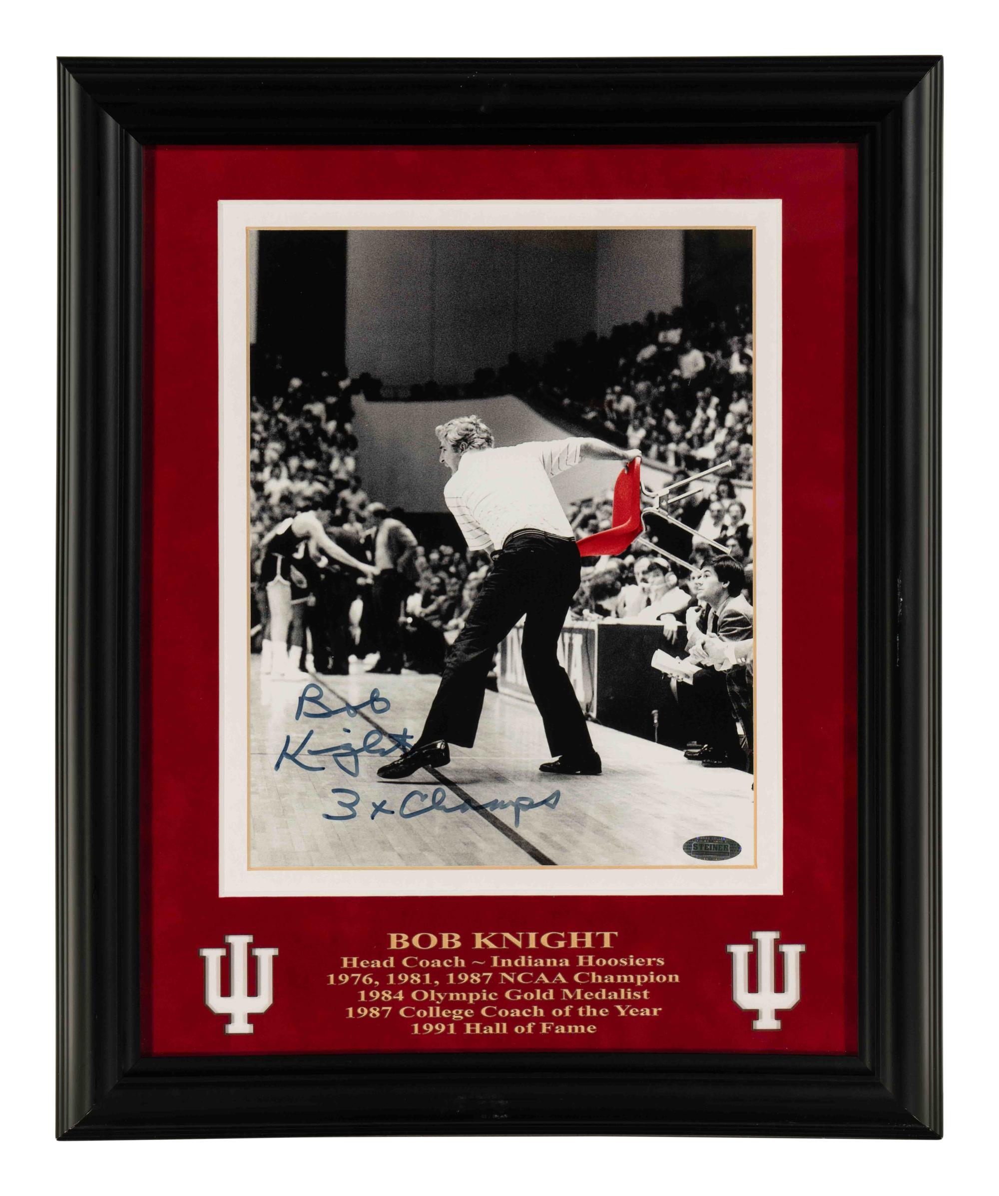 A Bobby Knight Signed Autograph Chair Throwing Photograph Display (Steiner Hologram)