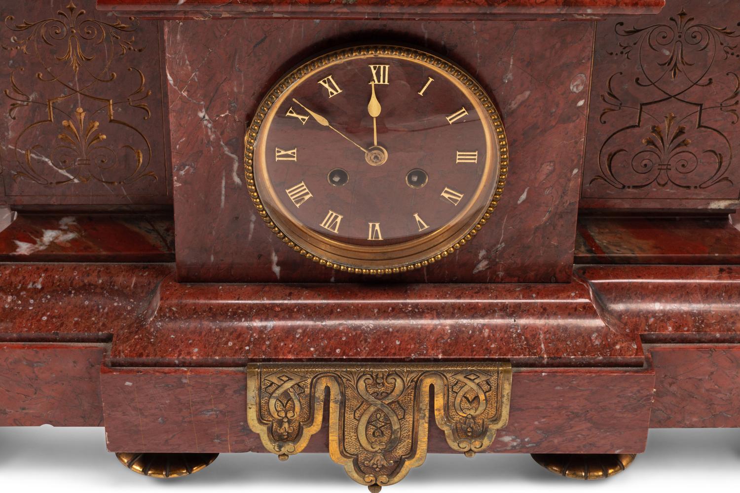 A Monumental French Neoclassical Gilt Bronze and Rouge Marble Clock Garniture