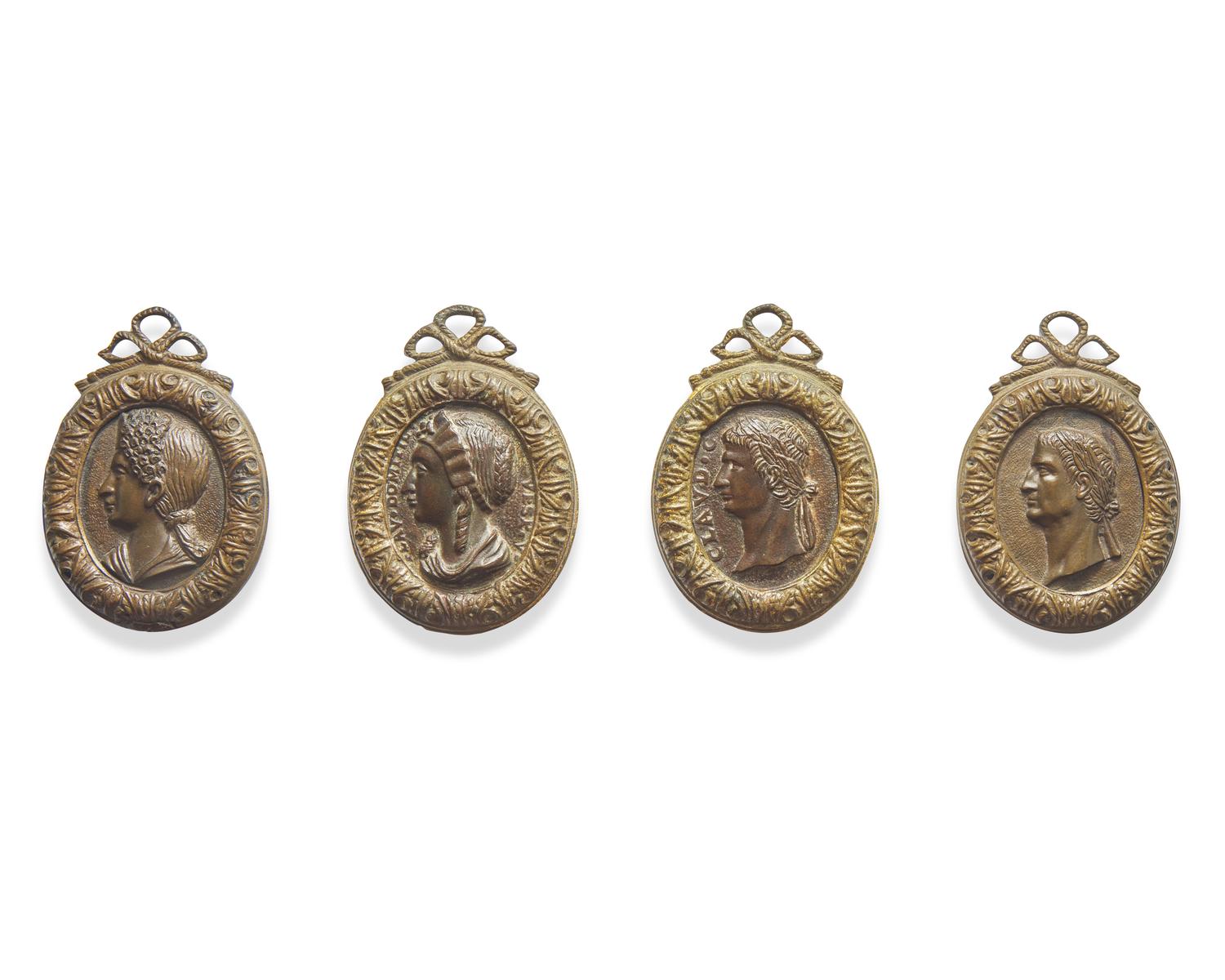 A group of four Italian bronze bas relief plaques depicting Claudius, A Roman Emperor, Domitia, and Flavia Domitilla, late 16th century