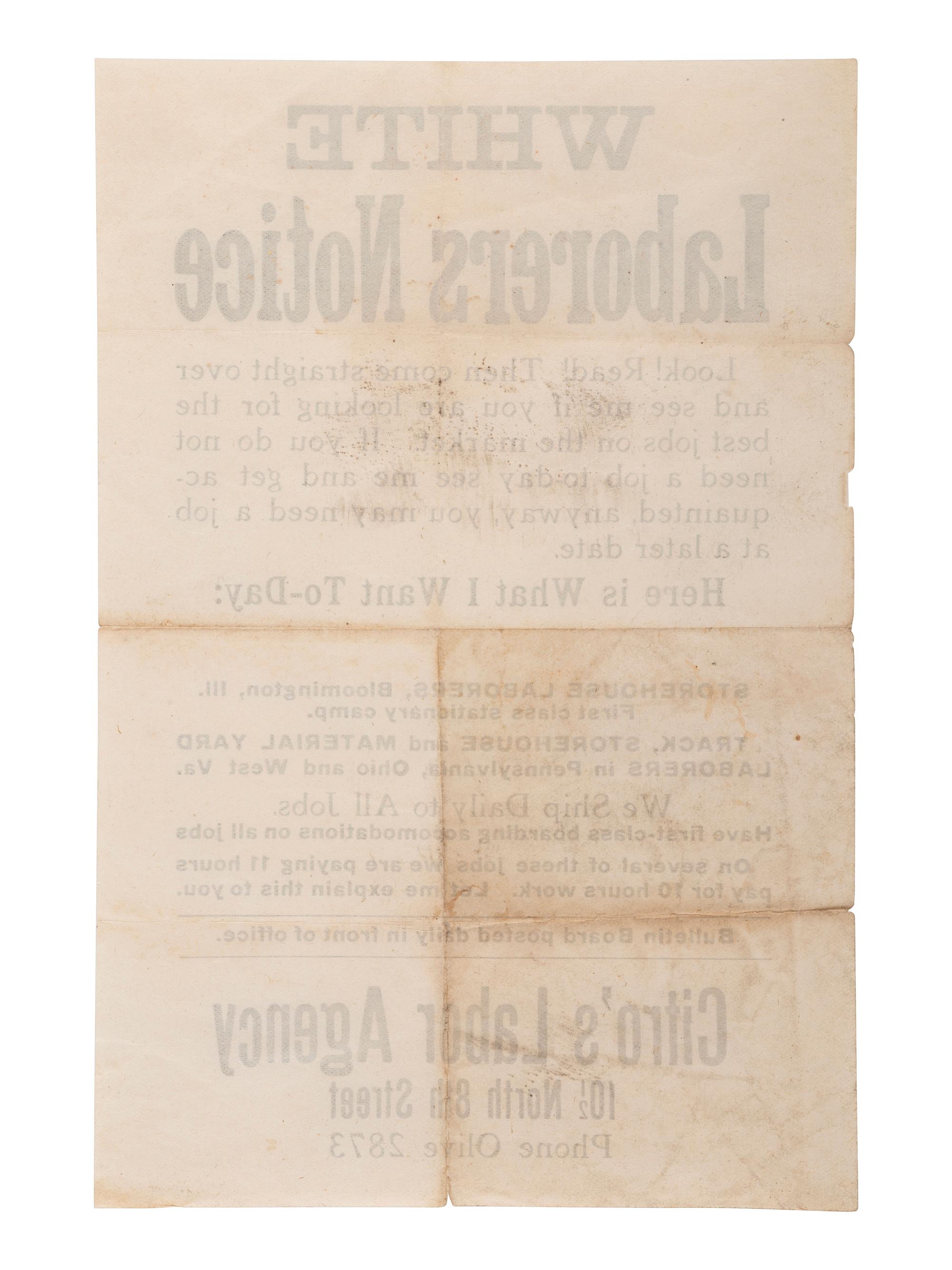 [RACISM]. White Laborers Notice . [St. Louis, MO]: Citro's Labor Agency, n.d. [ca 1920].