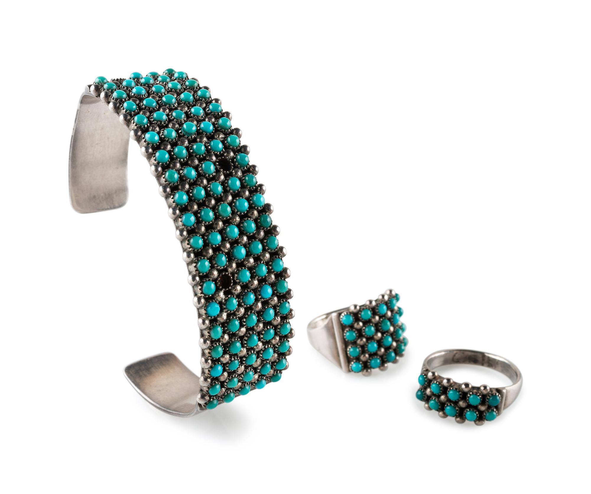 Zuni Silver and Petit Point Turquoise Cluster Cuff Bracelet and Rings