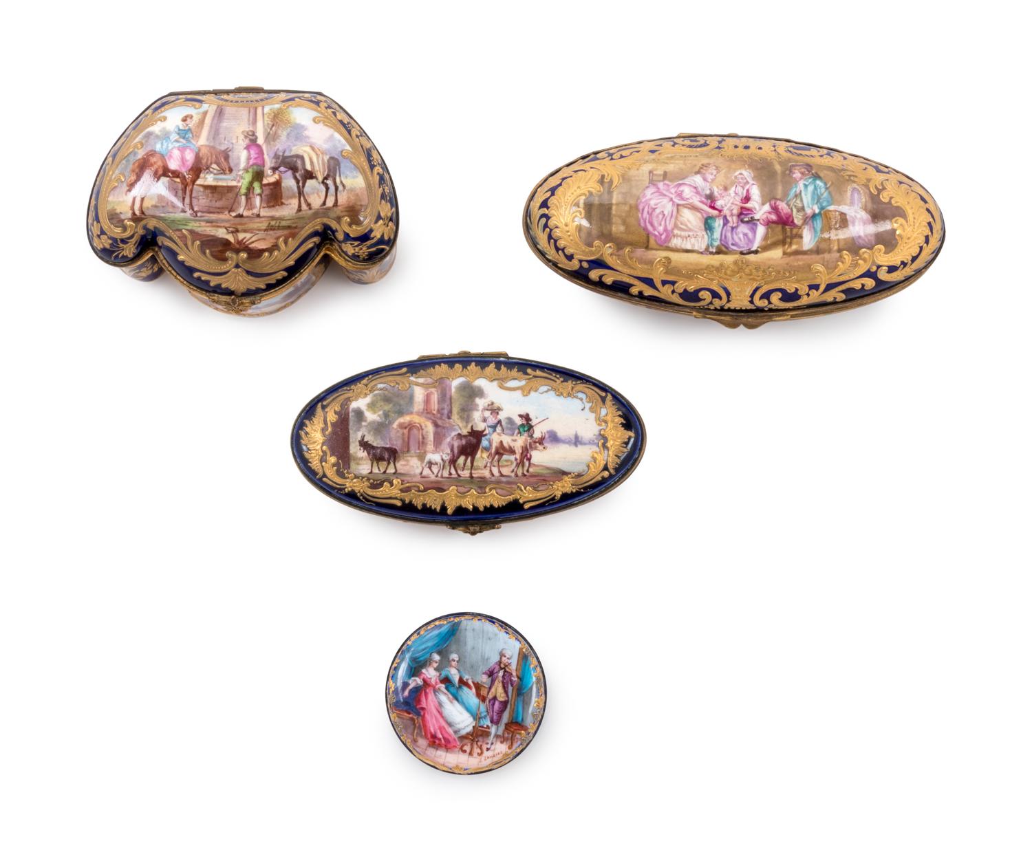 Four Sèvres Style Gilt Metal Mounted Painted and Parcel Gilt Porcelain Boxes