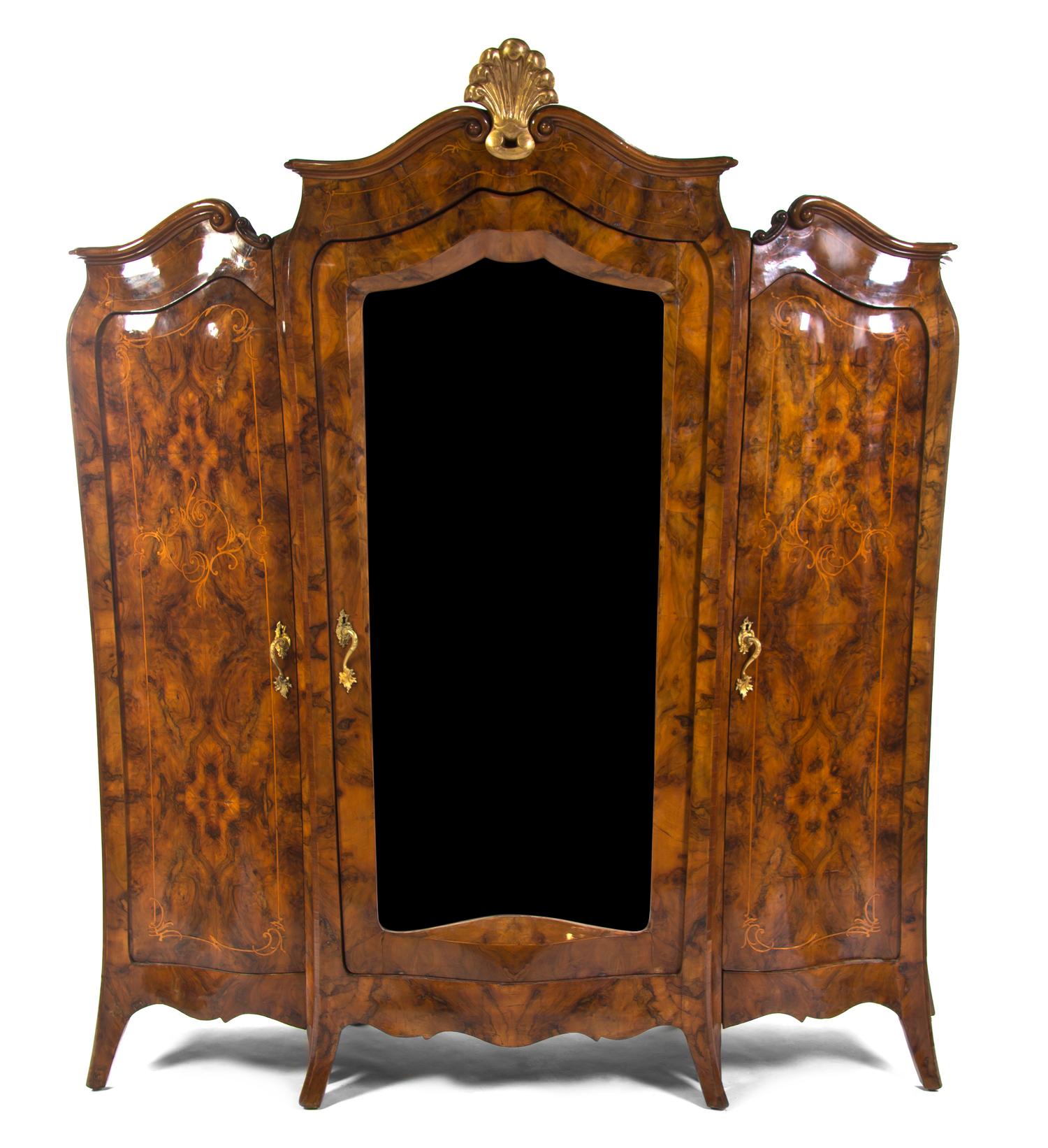 An Italian Rococo Burl Walnut Armoire, Height 97 x width 88 x depth 27 inches.