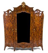 An Italian Rococo Burl Walnut Armoire, Height 97 x width 88 x depth 27 inches.