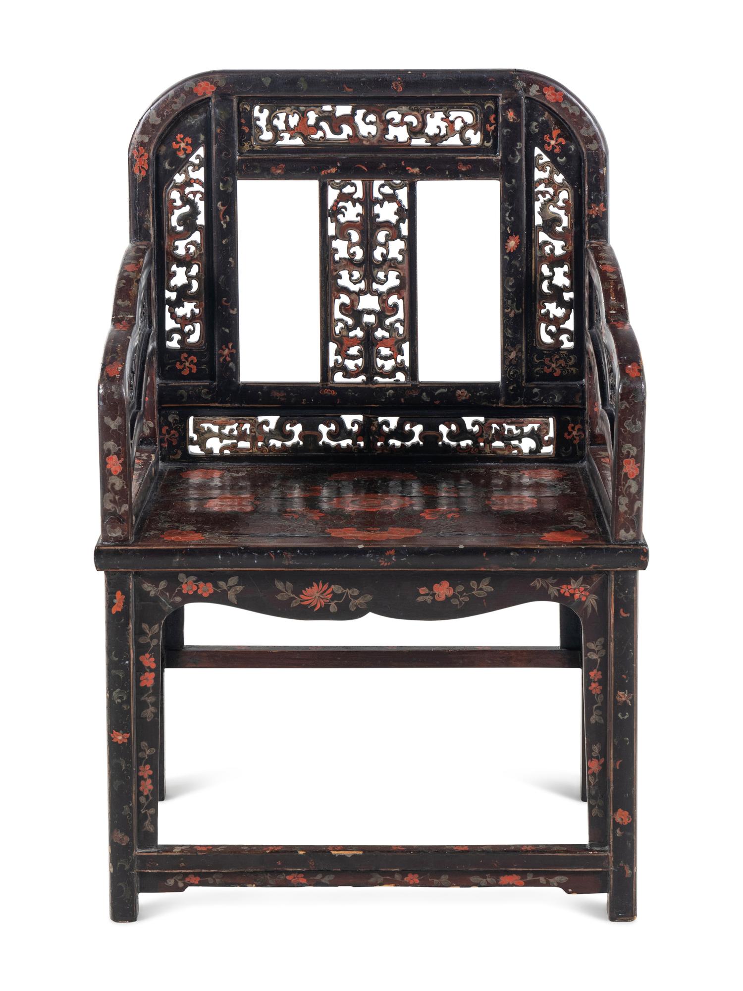 A Chinese Polychrome Lacquered Wood Armchair
