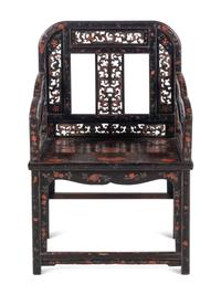 A Chinese Polychrome Lacquered Wood Armchair