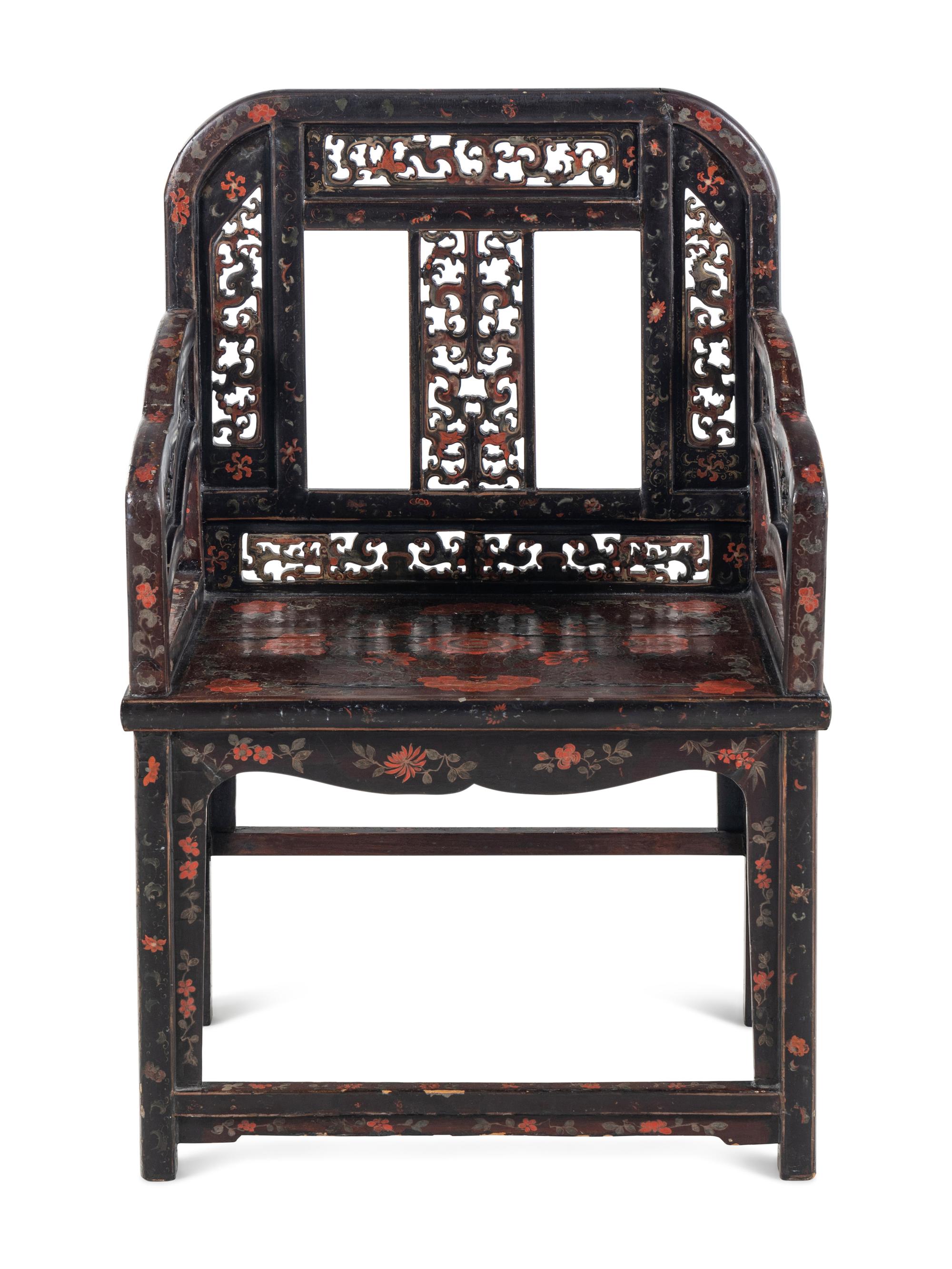 A Chinese Polychrome Lacquered Wood Armchair