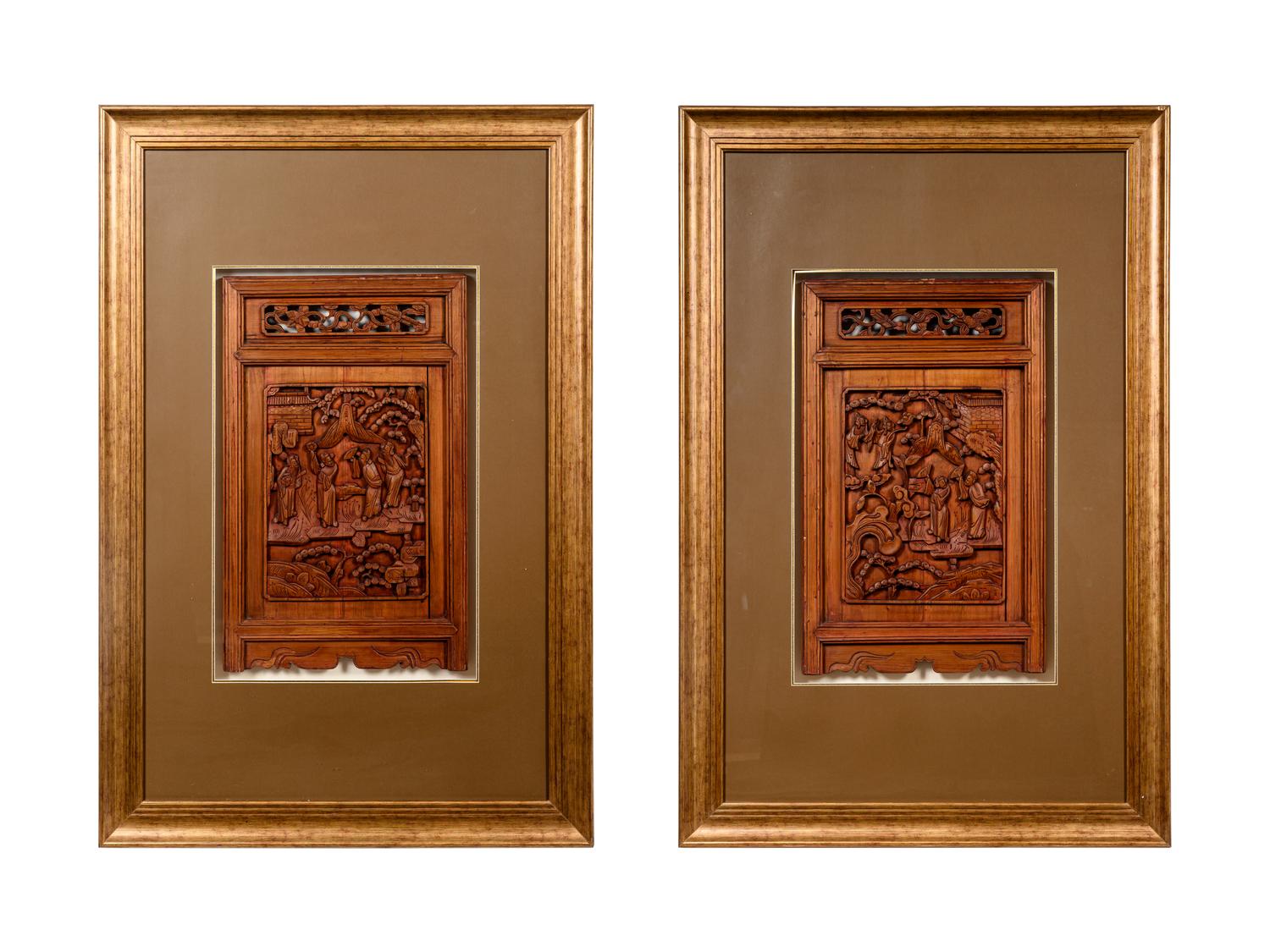 A Pair of Chinese Carved Softwood Panels