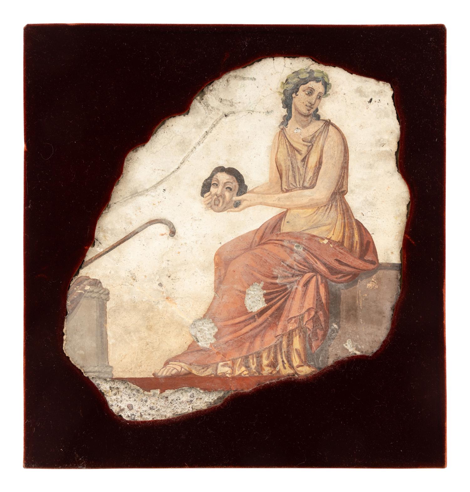 A Roman Style Fragmentary Wall Painting of a Muse