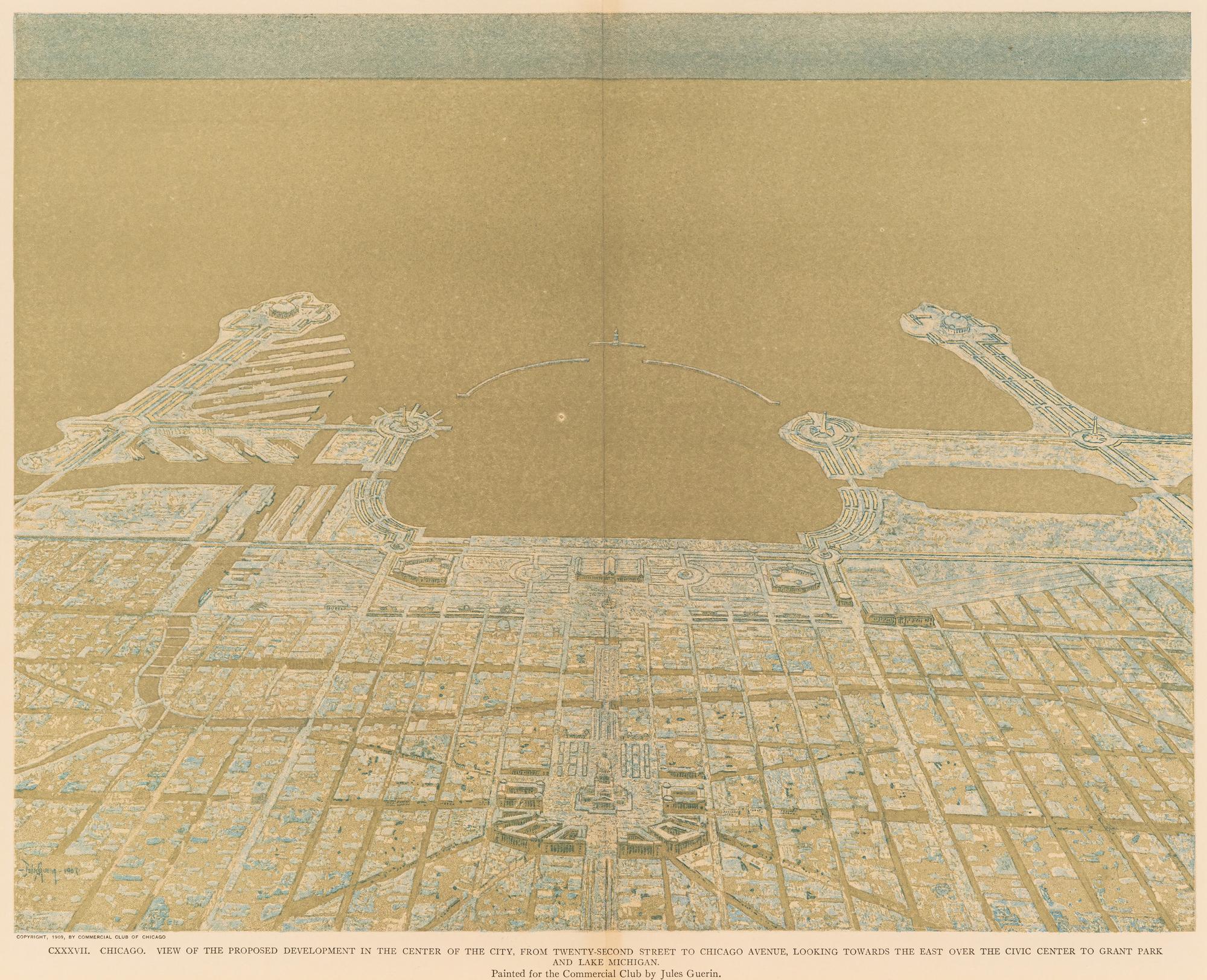 [CHICAGO]. BURNHAM, Daniel. A group of 6 prints and elevations from Burnham's Plan of Chicago , published by the Commercial Club of Chicago, 1909.