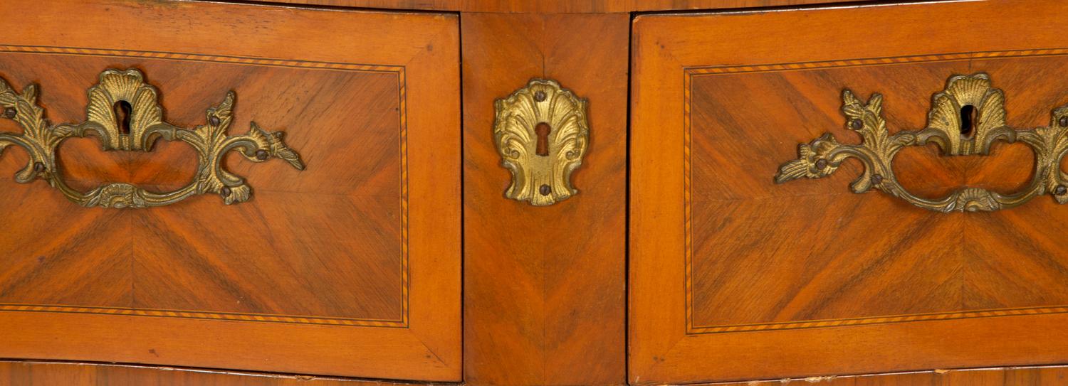 A Pair of Louis XV Style Gilt Metal Mounted Bookmatch Veneered Marble-Top Commodes