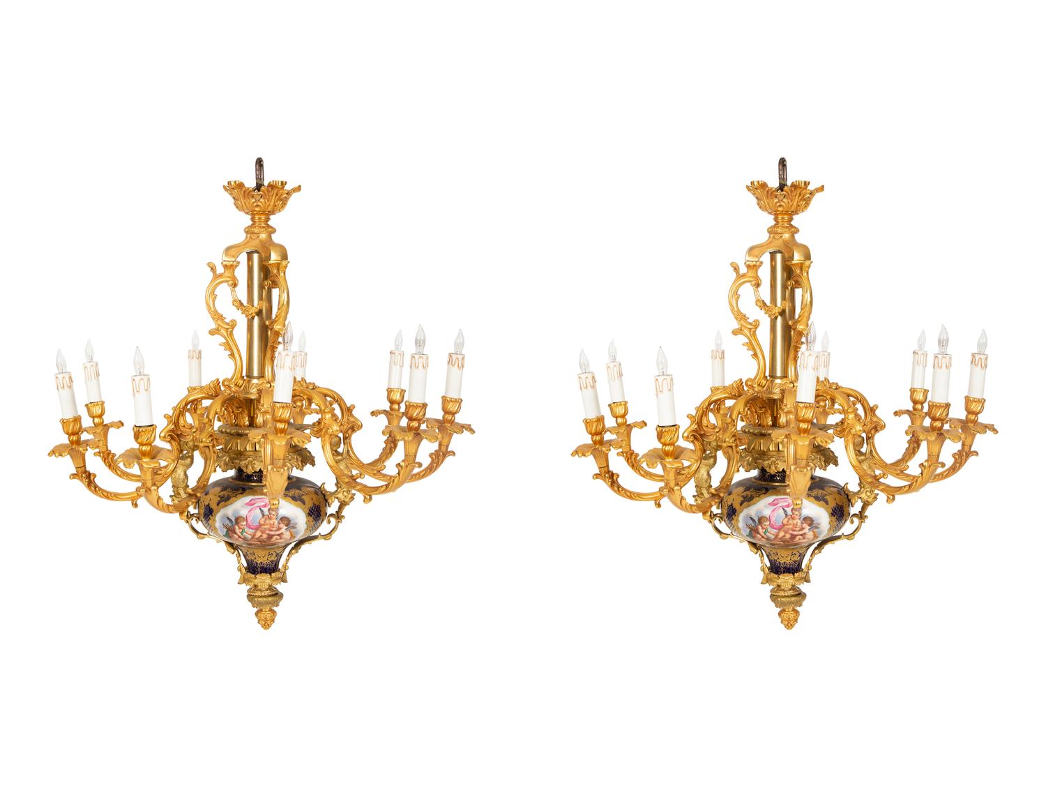 A Pair of Sèvres Style Porcelain and Gilt Bronze Nine-Light Chandeliers